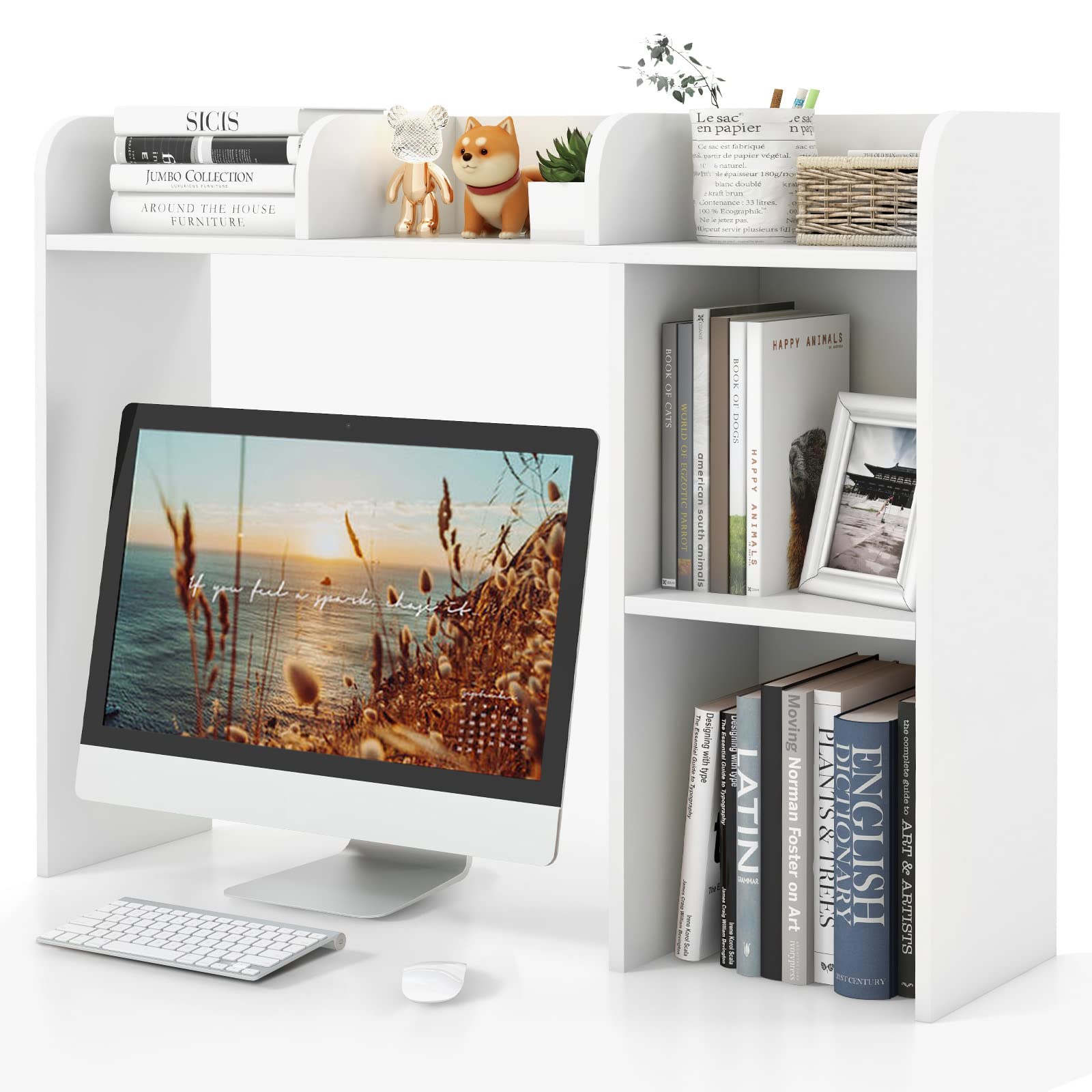 Image of Desk Bookshelf, Multipurpose Wood Countertop Hutch With 4 Shelves & Open Back Compartment, 3-tier Display Rack Shelving Unit For Computer Desk, White/ Natural