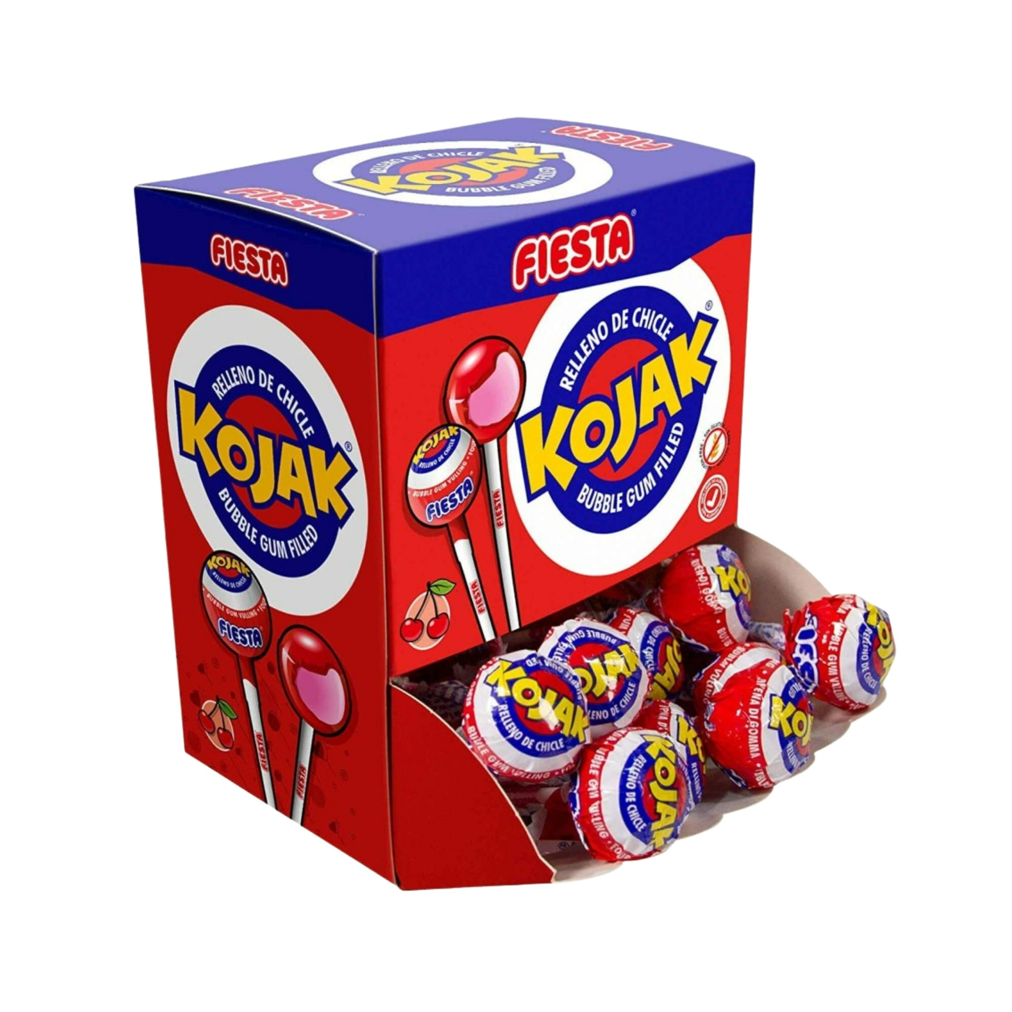 Fiesta Kojak - Cherry Flavor Candy On A Stick Filled With Bubble Gum, Lollipop Gum Lollipops