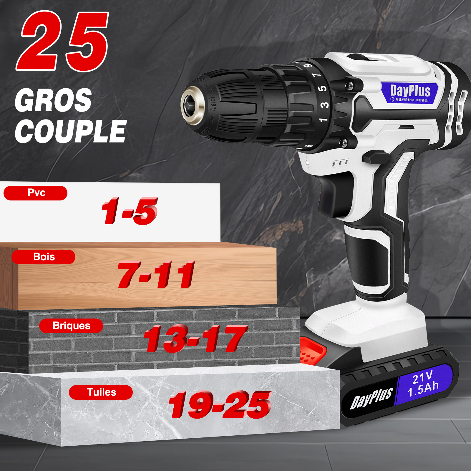 Perceuse Visseuse Sans Fil 21V, Visseuse Devisseuse Sans Fil, 45Nm Perceuse Électrique pour la Bricolage, 25+1 Réglages de Couple, 29 Accessoires, 2 Vitesses, LED, Mandrin Sans clé 10 mm, avec Batterie et Coffret de Transport