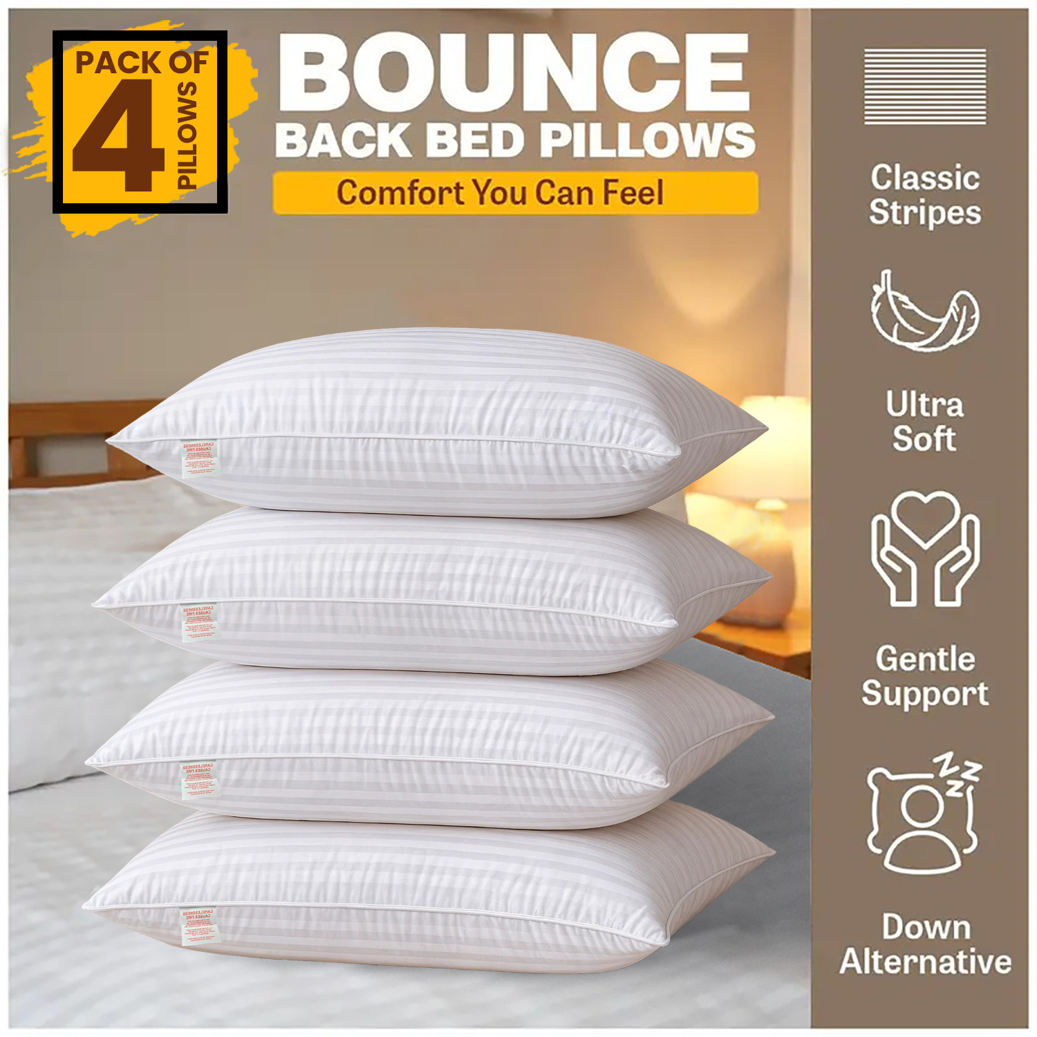 4 Pack-Hotel Quality Stripe Pillows Bed Pillows | Extra Filled for Plush Comfort with Quick Rebound Bounce Back Support | Long-Lasting Shape Retention | LOCAL WAREHOUSE | UK BRAND