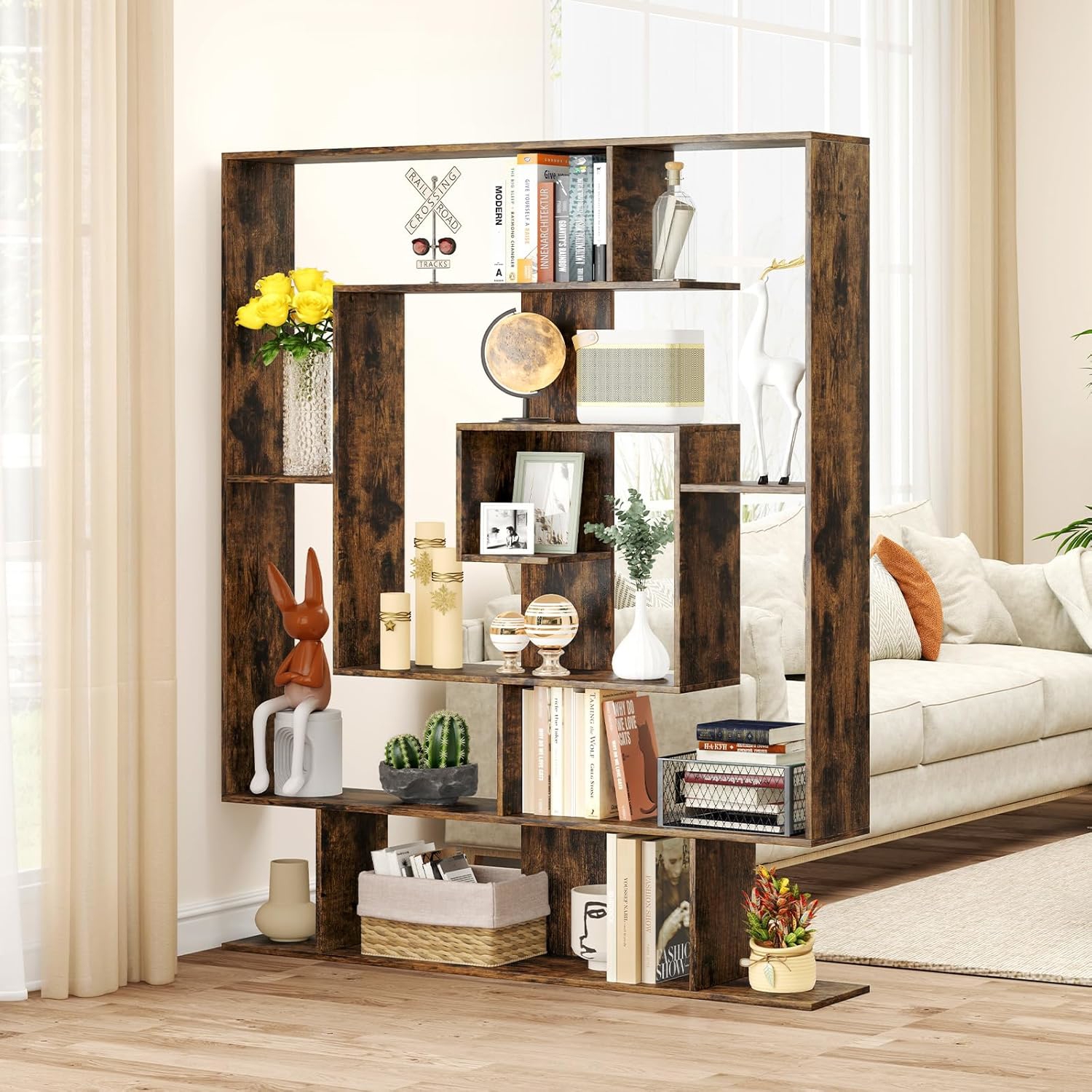 7-tier Bookshelf, Geometric Bookcase With 2 Anti-tipping Kits, Floor Standing Books Storage Organizer, Open Display Shelf Rack For Home Office, Rustic Brown/white