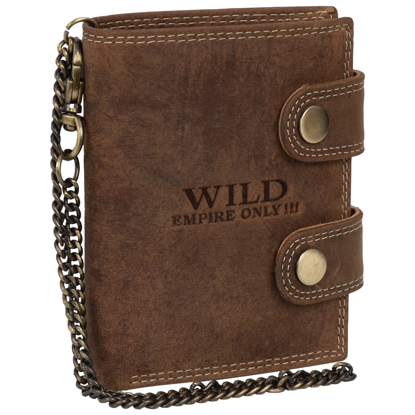 Image of Men's Rfid Buffalo Genuine Leather Wallet With Embossed Motif And Security Chain With Carabiner Hook Tan Wild 12.5 X 9.5 X 2 Cm