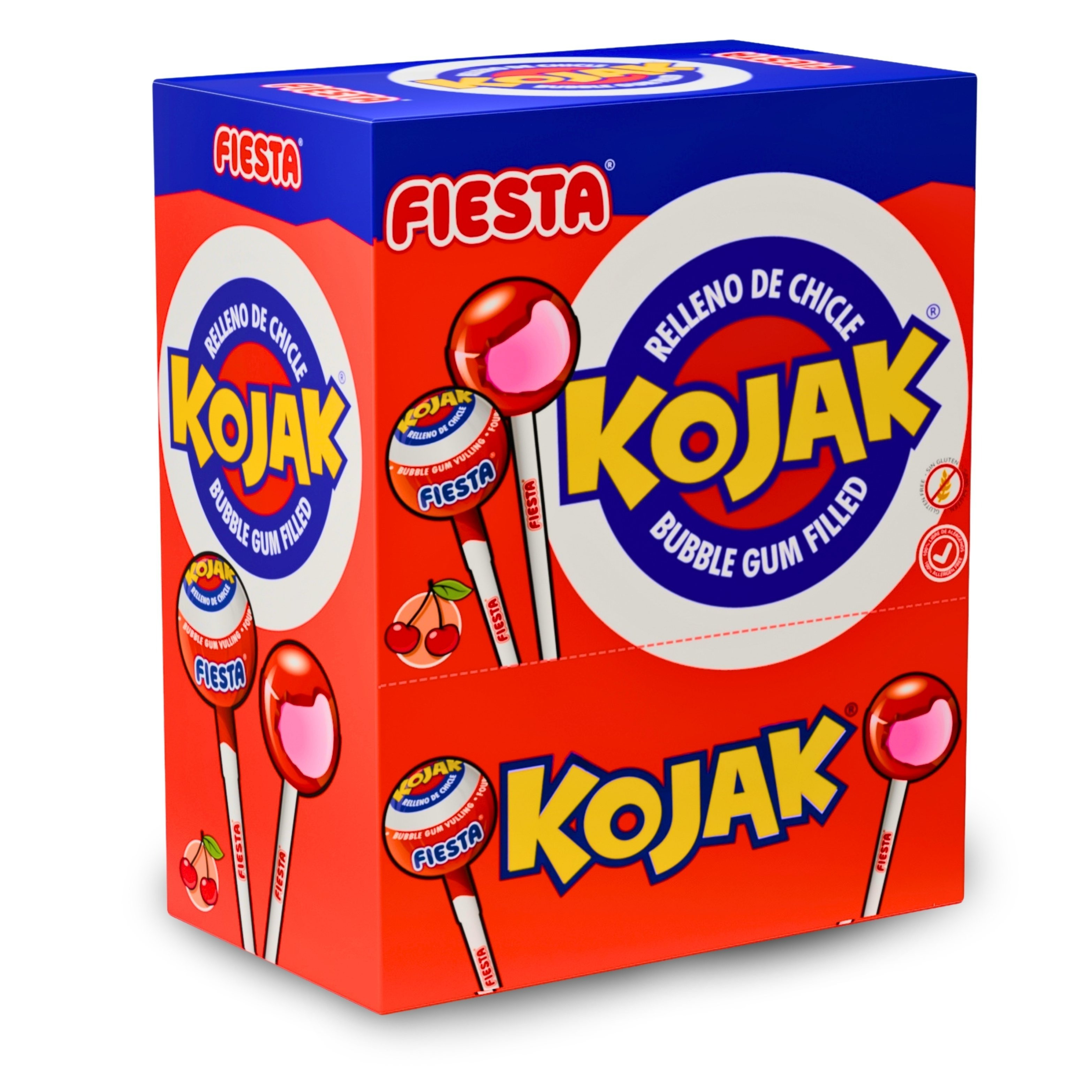 Image of Fiesta Kojak - Cherry Flavor Candy On A Stick Filled With Bubble Gum, Lollipop Gum Lollipops