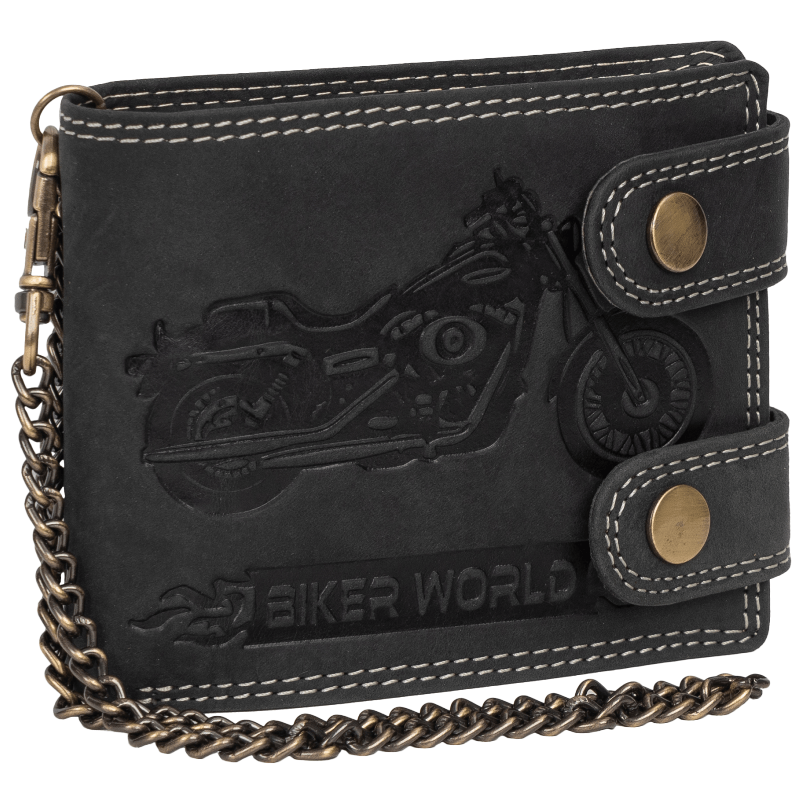 Image of Genuine Leather Rfid Wallet Buffalo Men's Wallet With Embossed Motif And Chain Black Horizontal Format Bike (9.5 X 12 X 2 Cm)