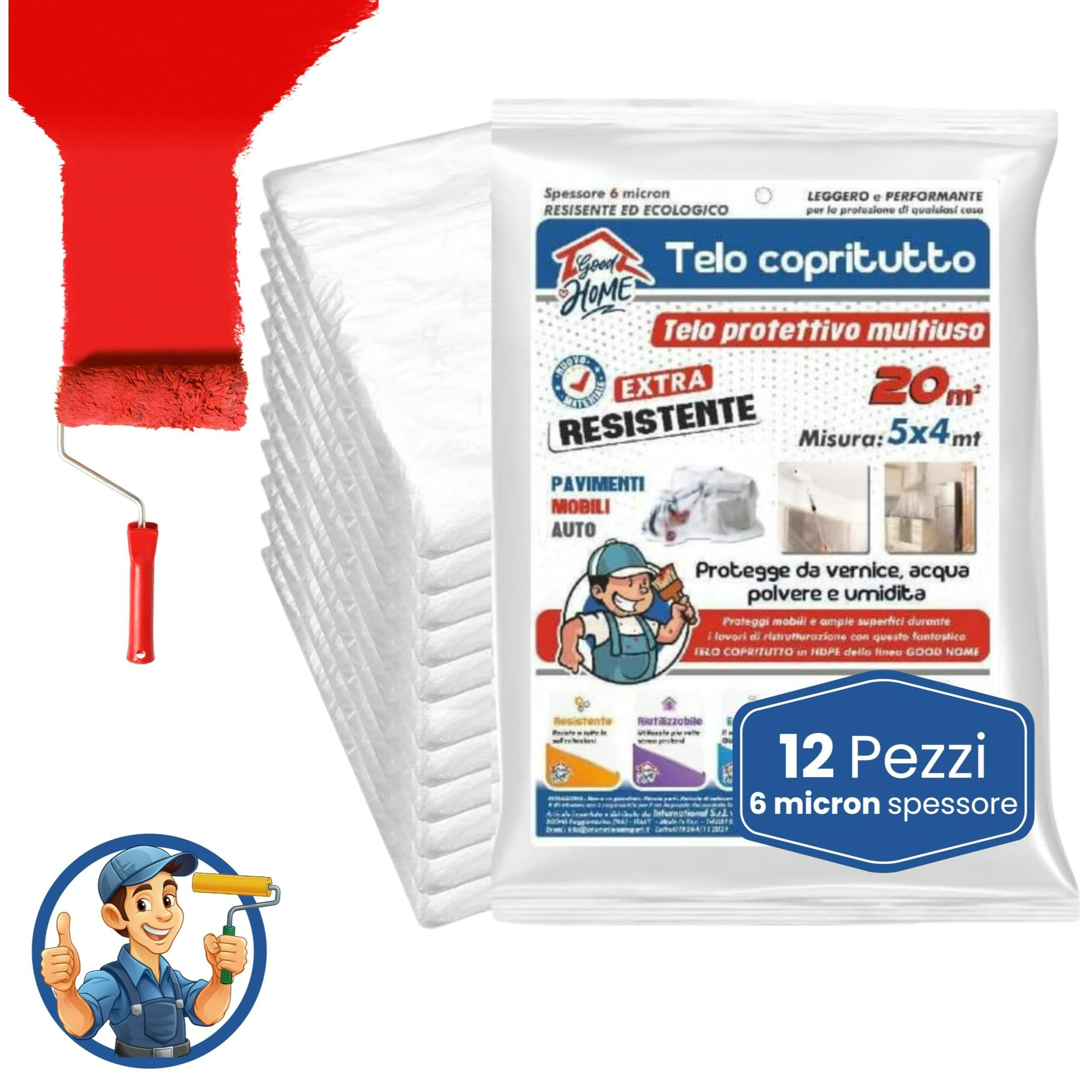 TEMU Telo 12 Teli per Imbiancare 5x4m 20 Protettivo per Pittura, Impermeabile Coperture Plastica Multifunzione per Imbianchino - per Lavori