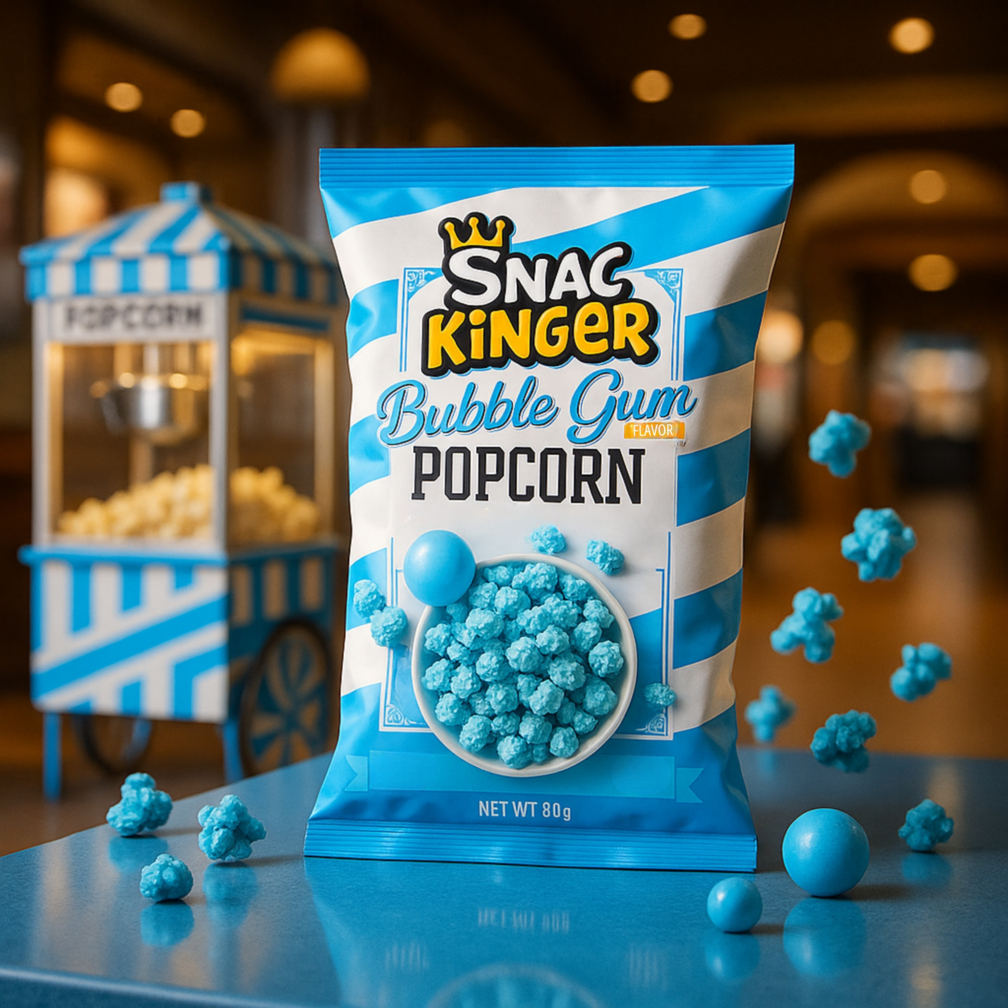 E-shop SNAC KINGER - BLUE POPCORN BUBBLE GUM FLAVOR - süss salziges Popcorn mit Kaugummi Geschmack
