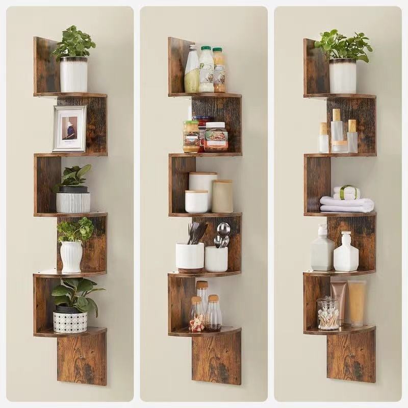 Image of 2pcs 5 Tier Vintage Wooden Corner Shelf Floating Shelves Bookcase Wall Storage Organizer Unit Books, Plants, Figurines, Crafts Display Rack Bedroom, Bathroom, Kitchen, Office, And Living Room