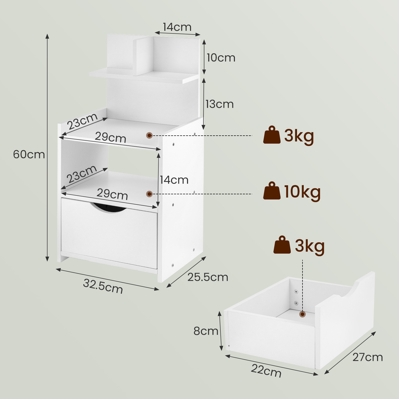 Modern Wooden Bedside Table with Drawer | Multifunctional Storage Cabinet for Bedroom, Bathroom, Living Room & Hallway | Compact Design 60x32.5x25.5cm