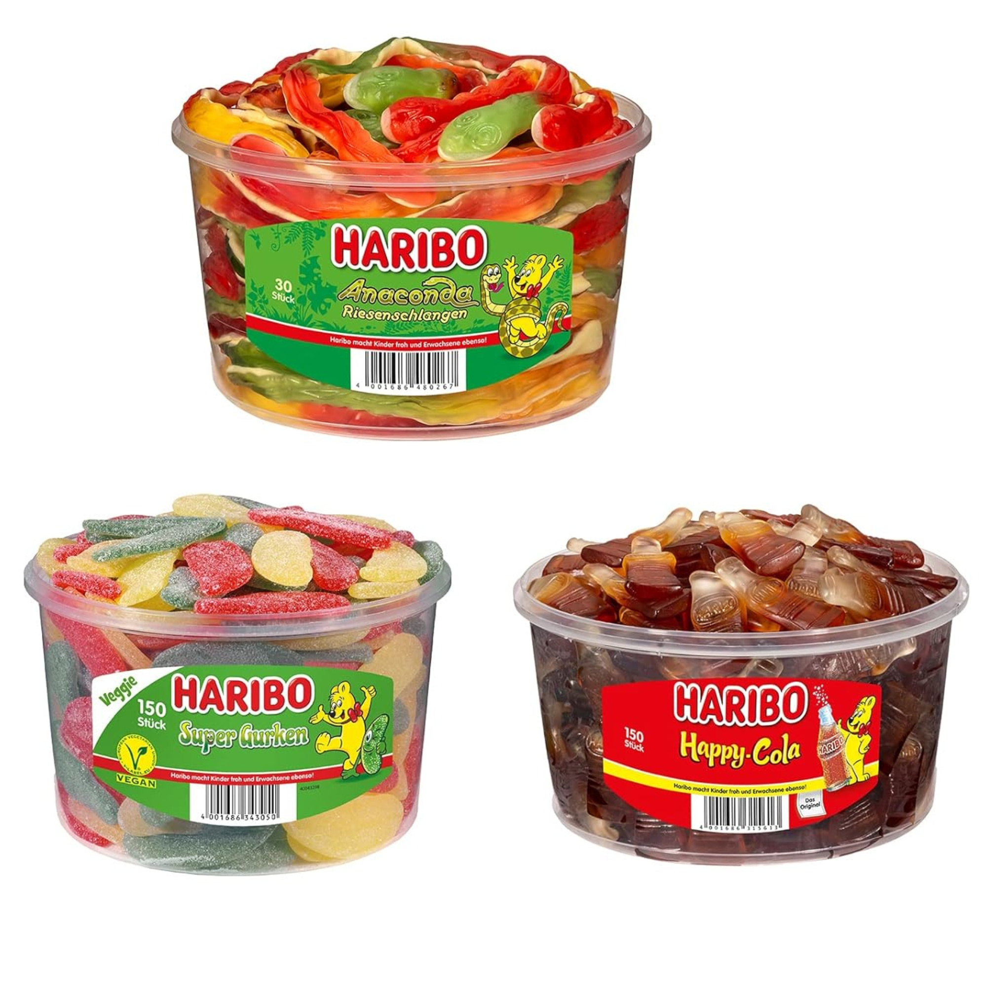 E-shop Haribo Mischpaket 1x Anaconda + 1x Super Gurken + 1x Happy Cola als Set für Freunde Party oder Büro Kinder Geburtstag Süßigkeiten