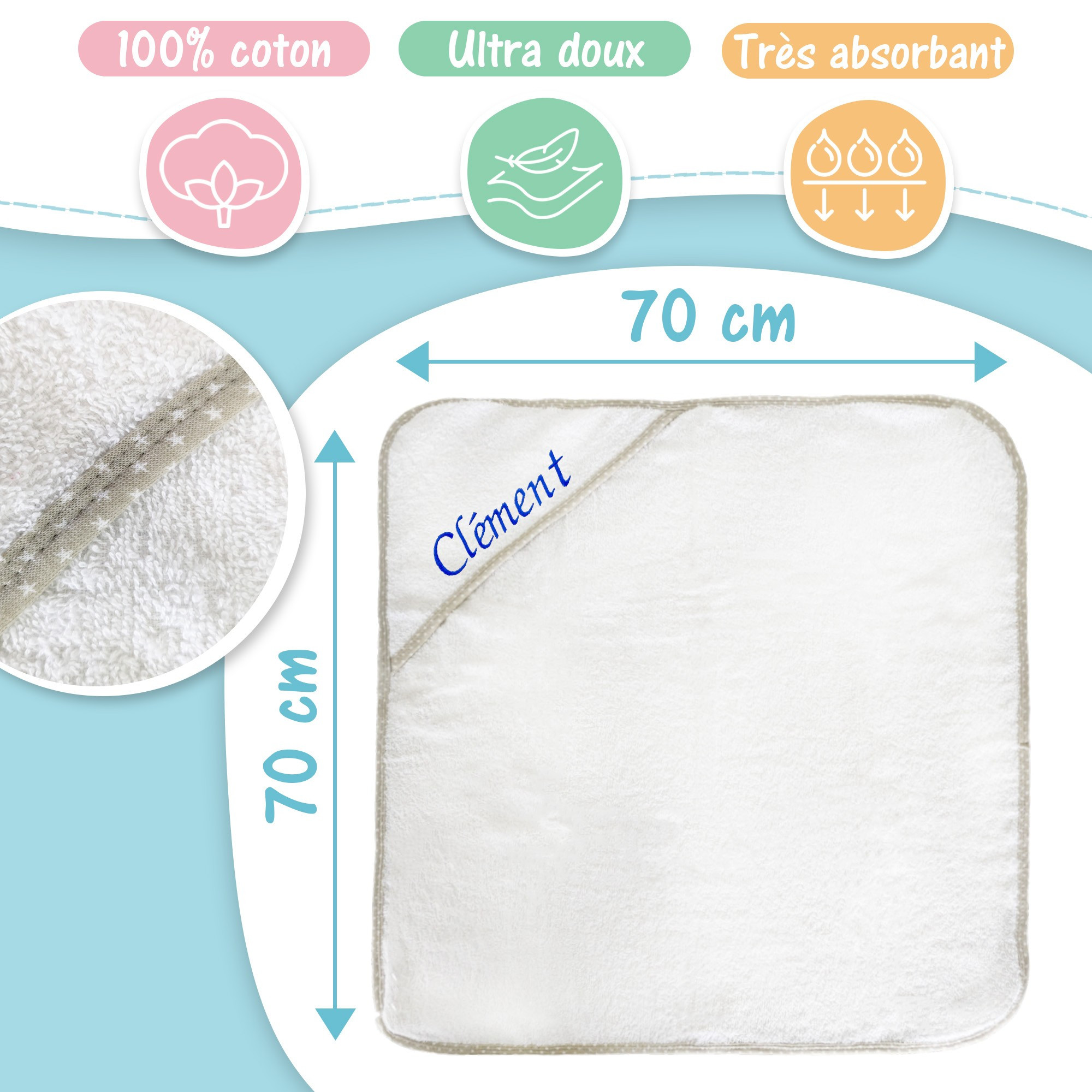 Cape de bain bébé personnalisée - Sortie de bain coton avec capuche - 70x70 cm - Brodé avec le prénom - Serviette bébé personnalisable - Doux et absorbant