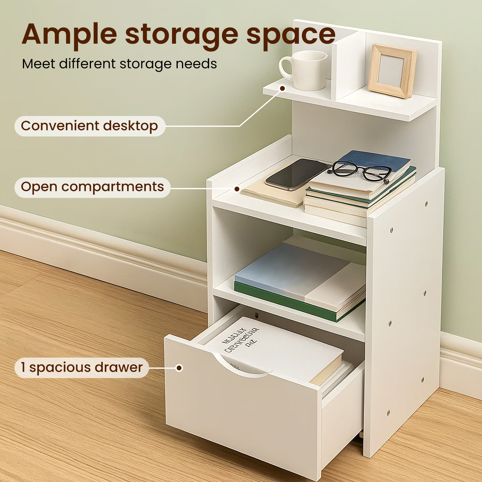 Modern Wooden Bedside Table with Drawer | Multifunctional Storage Cabinet for Bedroom, Bathroom, Living Room & Hallway | Compact Design 60x32.5x25.5cm