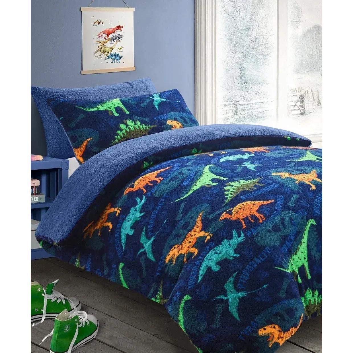 TEMU Kids Dinosaur Teddy Fleece Duvet Cover & Pillowcase Bedding Set Warm Teddy Duvet