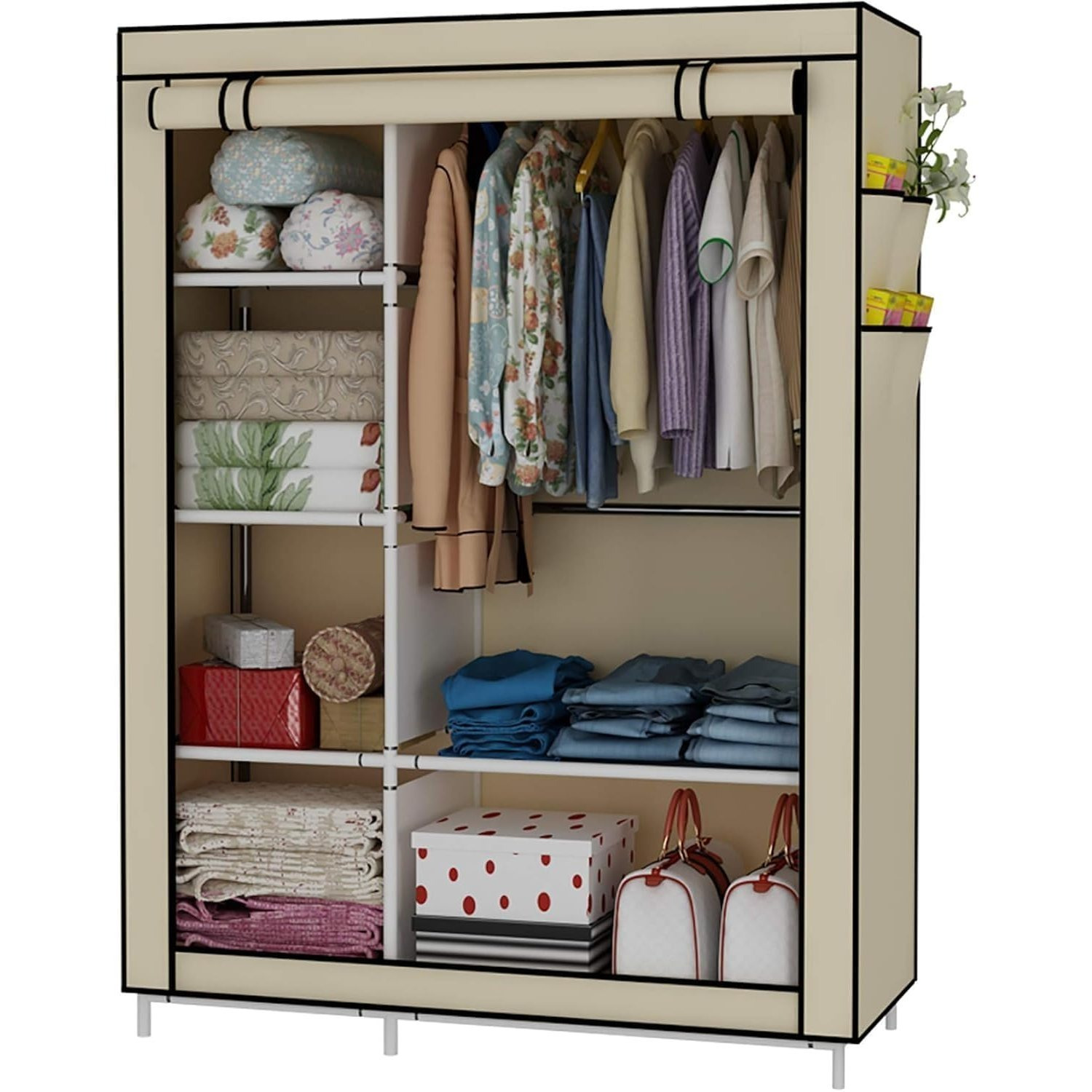 TEMU Armoire portable en tissu, placard avec 2 étagères et 3 tiroirs, beige, pour salon, chambre à coucher, salle à manger, cuisine, salle de bain