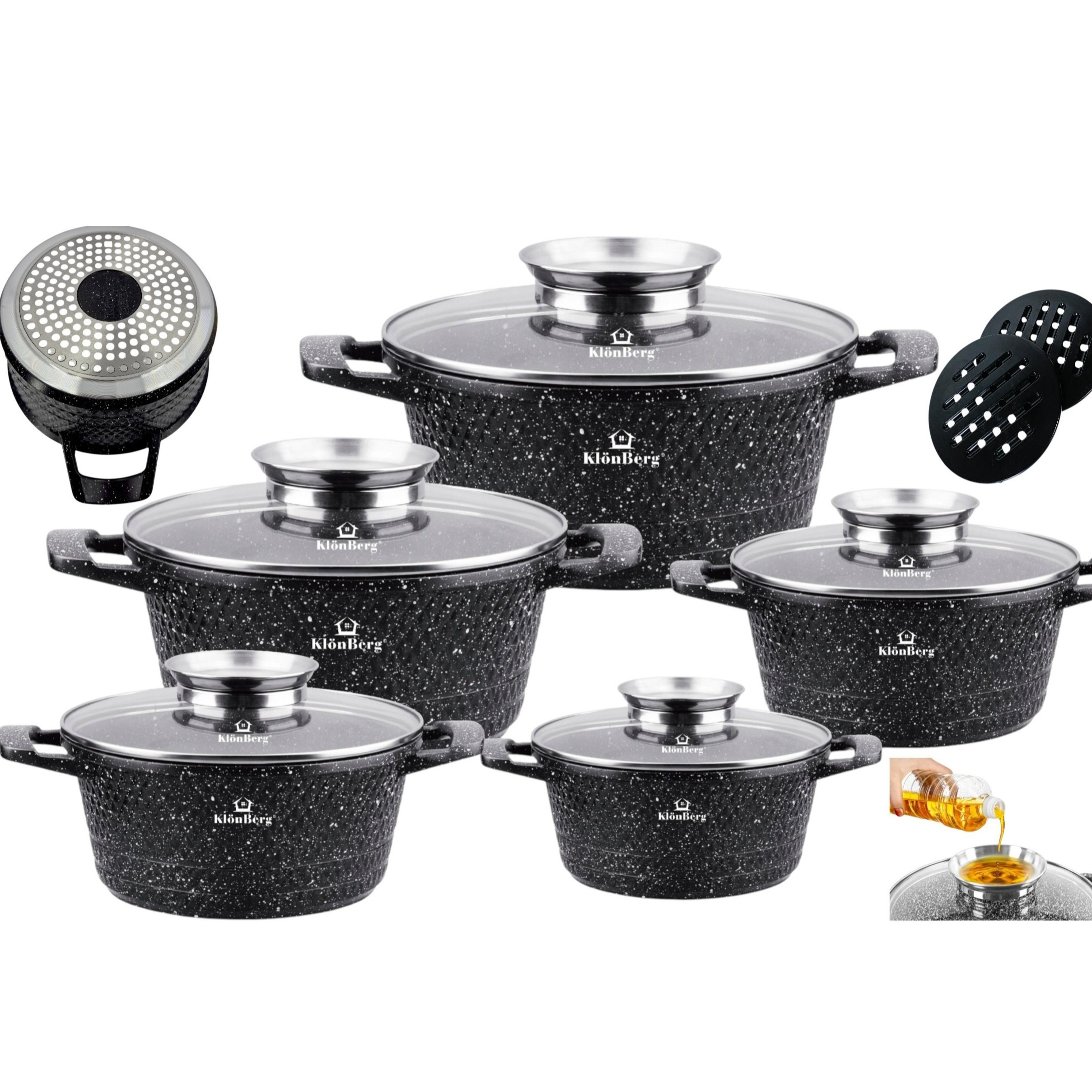 Image of Klönberg 10pcs Pot Set | With Marbled Coating | Cooking Pot | With Lid | Coating | Induction | Ideal As A Gift | For All Stove Types | Diamond Series | Kb3843