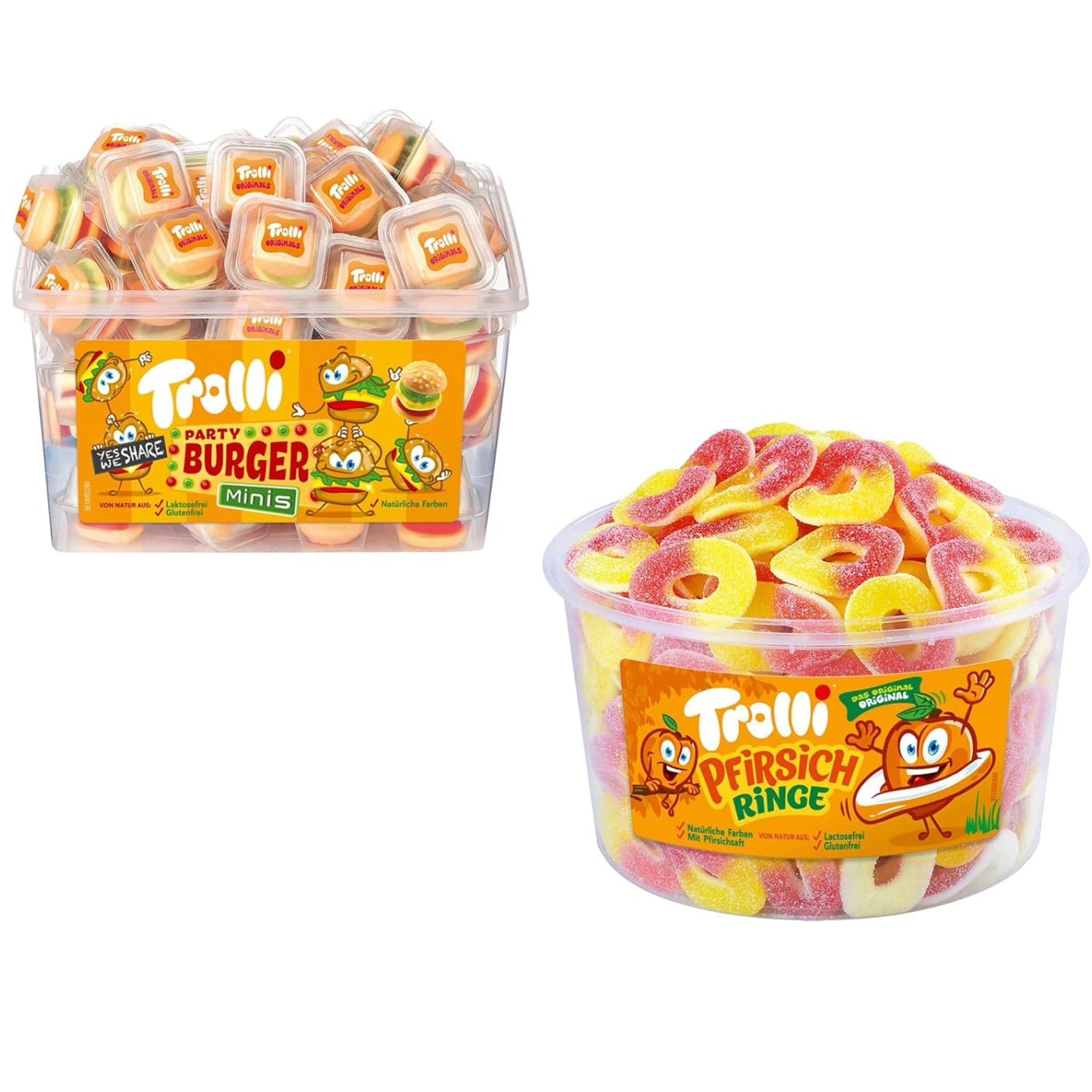 Image of Trolli Mixed Pack 1x Burger And 1x Peach Rings Cans Set For Party Or Office Kids Birthday Candy