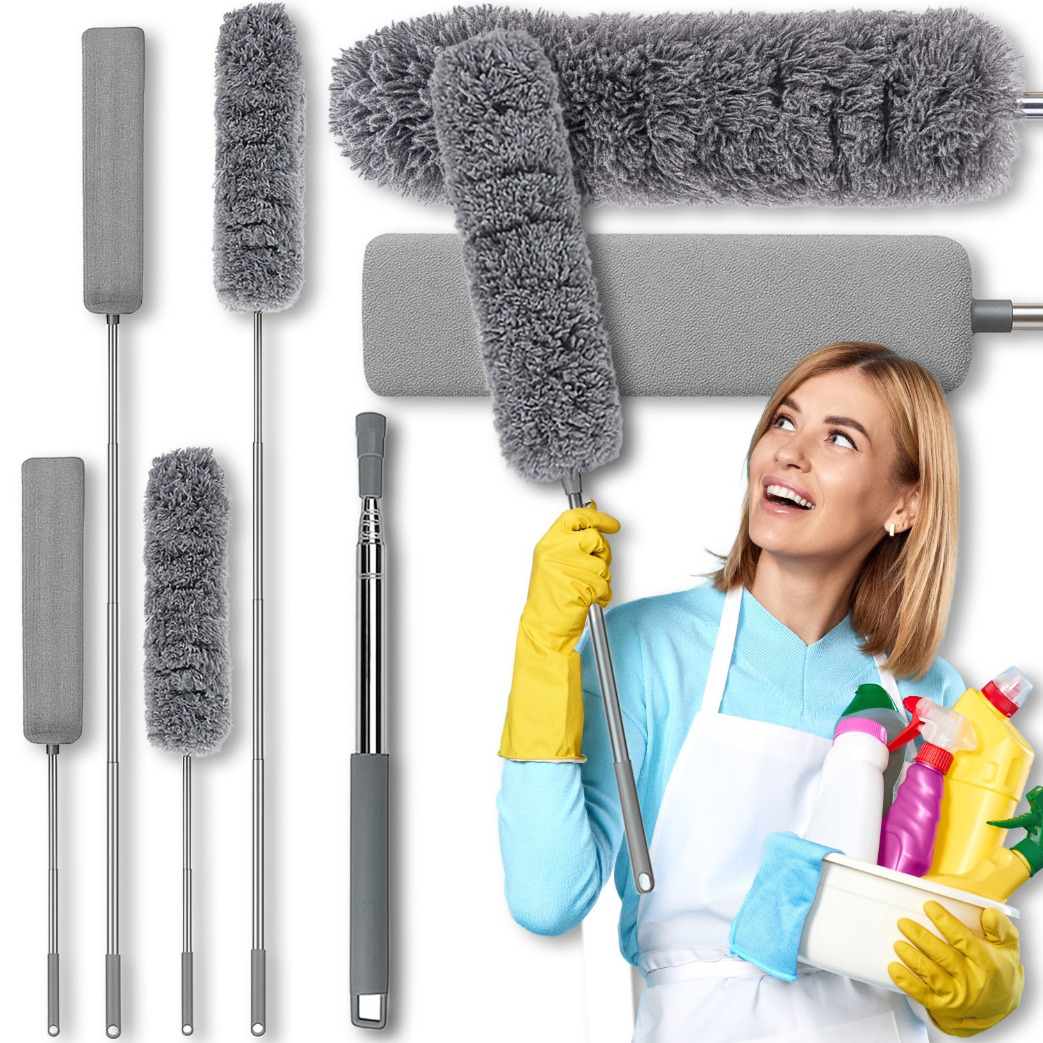 TEMU Brosse à Poussière Télescopique Retoo CleanSpace OR1171, Ensemble de 2 Buses Ronde 40x16cm et Plate 40x7cm, Manche en Acier Inoxydable Réglable