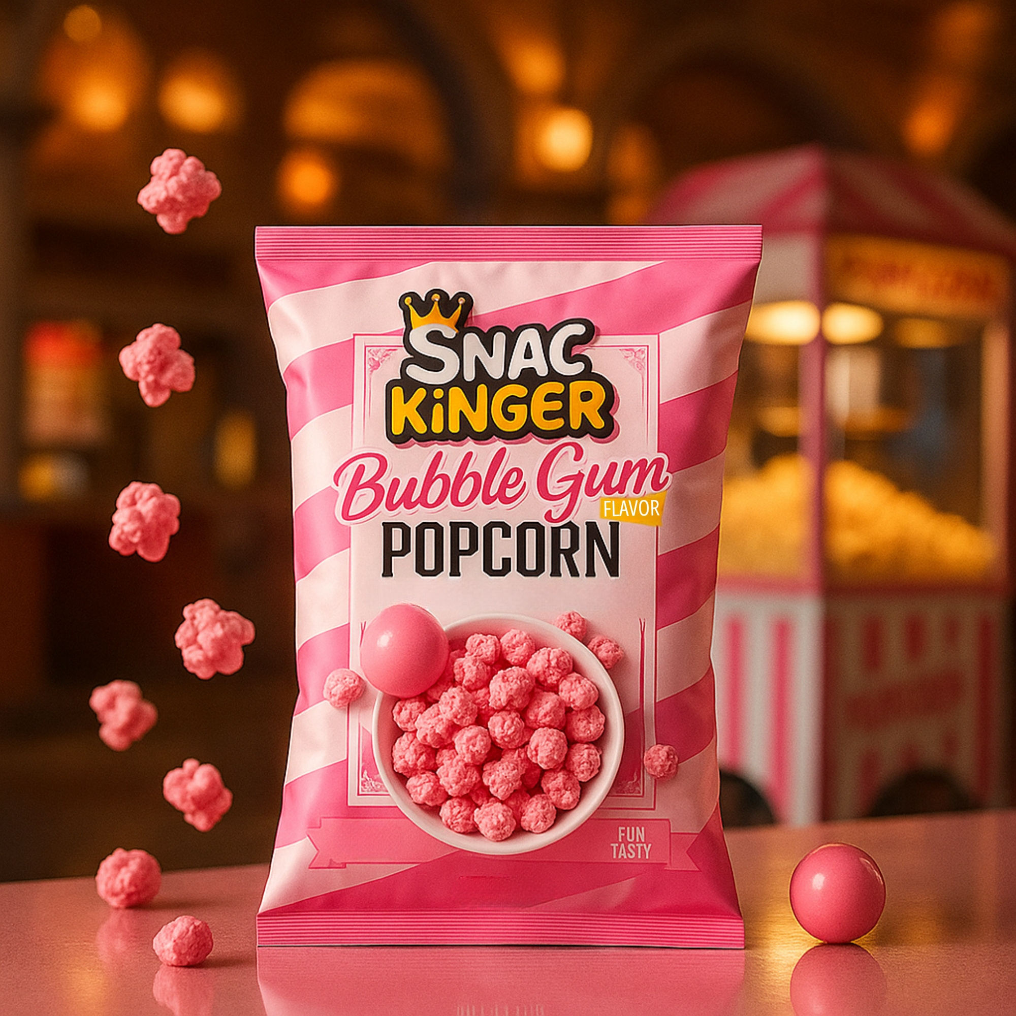 Image of Snac Kinger - Pink Popcorn Bubble Gum Flavor - Sweet Salty Popcorn With Bubble Gum Flavor