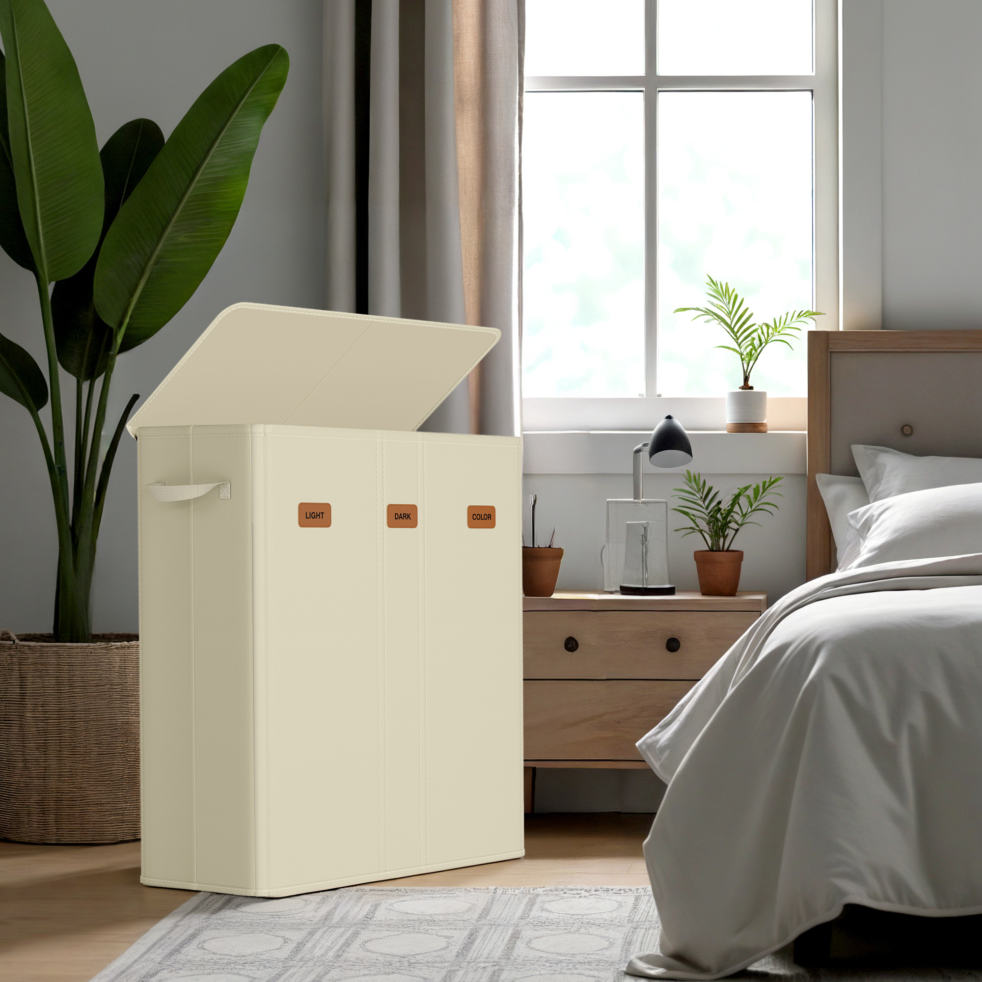 Image of Practical Laundry Collector With Lid, Suitable For Laundry Rooms And Environments. With 3 Compartments, 5 Labels, And A Capacity Of 160 . The Inner Bag Is Washable And Removable. Cream White.