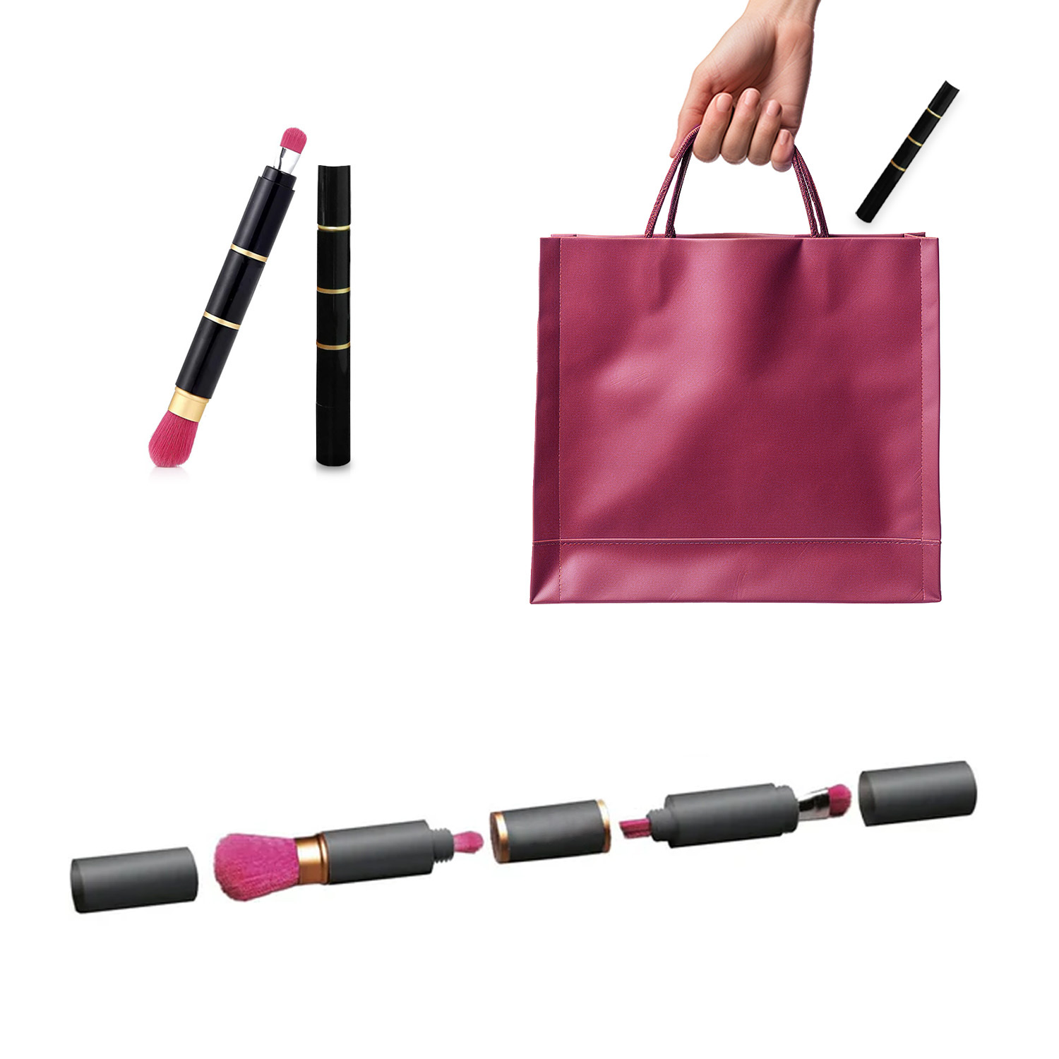 TEMU Compact 4-in-1 Makeup Brush Set With Blush And Eyeshadow, Perfect For Your Handbag