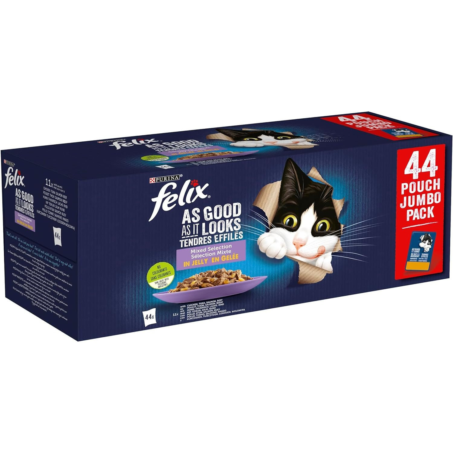 TEMU FELIX Jumbo Pack, Comida Húmeda para Gato Adulto, Gelatina, Surtido de , Pollo, Salmón y Atún, Pack de 44 Sobres de 85 g