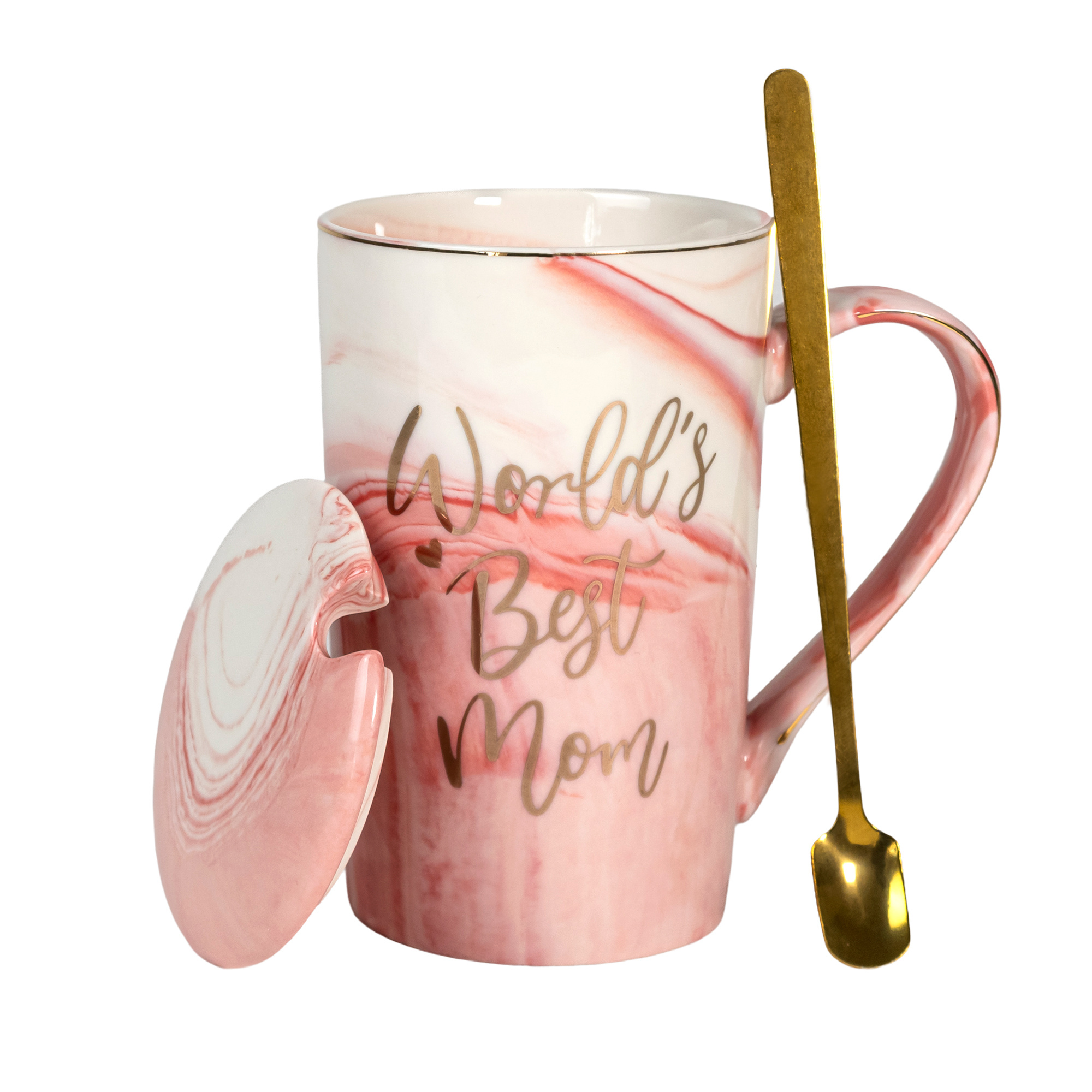 Image of Coffee Cup With Lid Mother's Day Gift World's In Pink 8 X 13 Cm Capacity 280 Ml Tea Cup With Marble Optic For Birthday With Gift Box