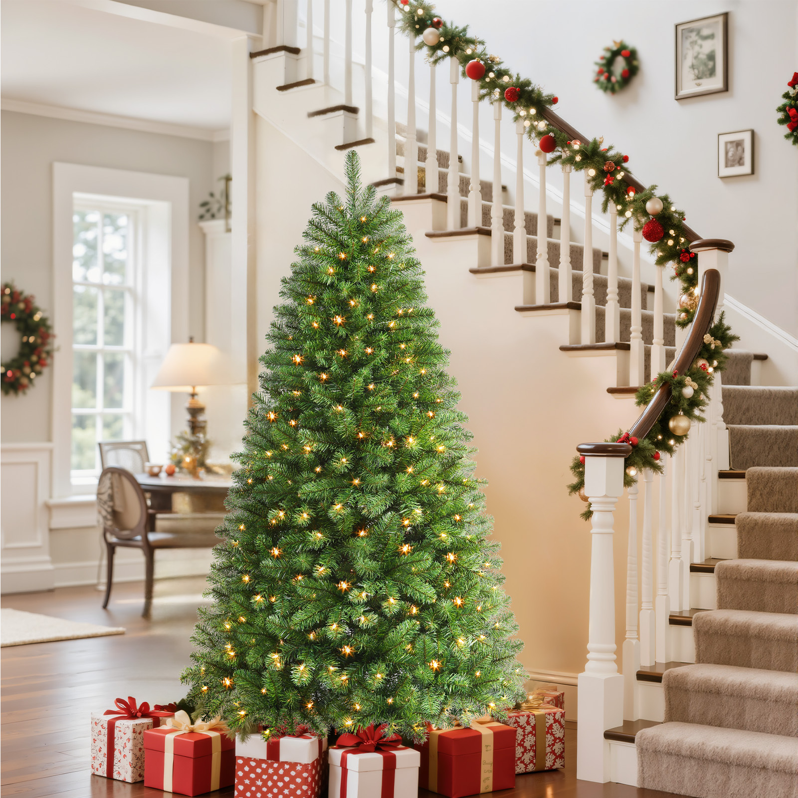 1.8m pre lit christmas tree – artificial tree with 250 led warm white lights, 778 branch tips, 8 light modes, foldable metal stand, christmas trees with built in lights, easy to assemble for christmas home decor, christmas outdoor decorations, 4ft/120cm, 5ft/150cm, 6ft/180cm, 7ft/210cm, 7.5ft/230cm, 9ft/270cm – ipx4