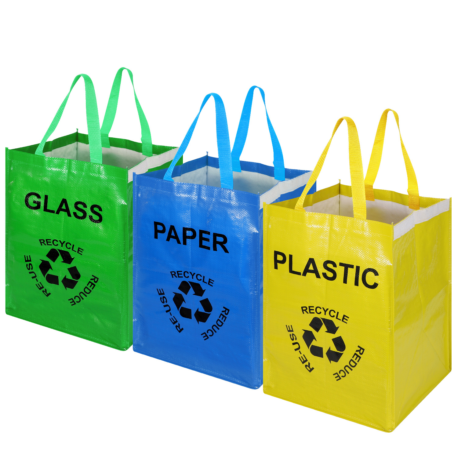 TEMU Vinsani Set Of 3 Reusable Fabric Recycling Bags – Colour-coded Durable Organiser Efficient Waste Sorting Home Office Kitchen For Glass Plastic