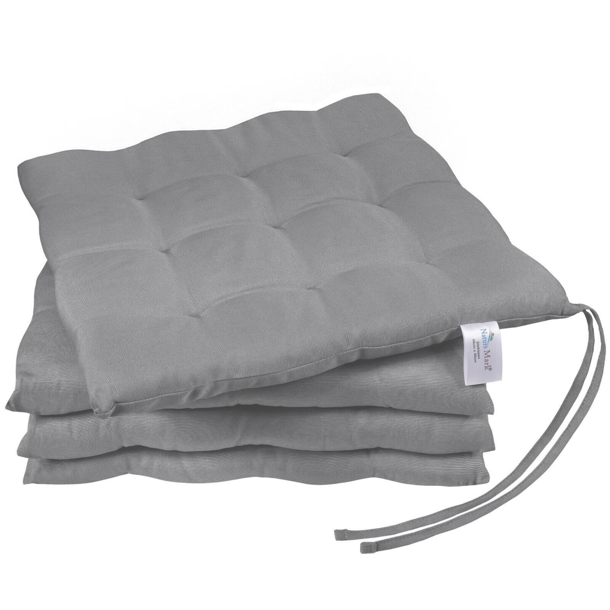 Naturemark Set Of 4 Silver Chair Cushions With Bands, 40x40 Cm, Filled Seat Cushions For , Balcony, Dining Room, Or Kitchen