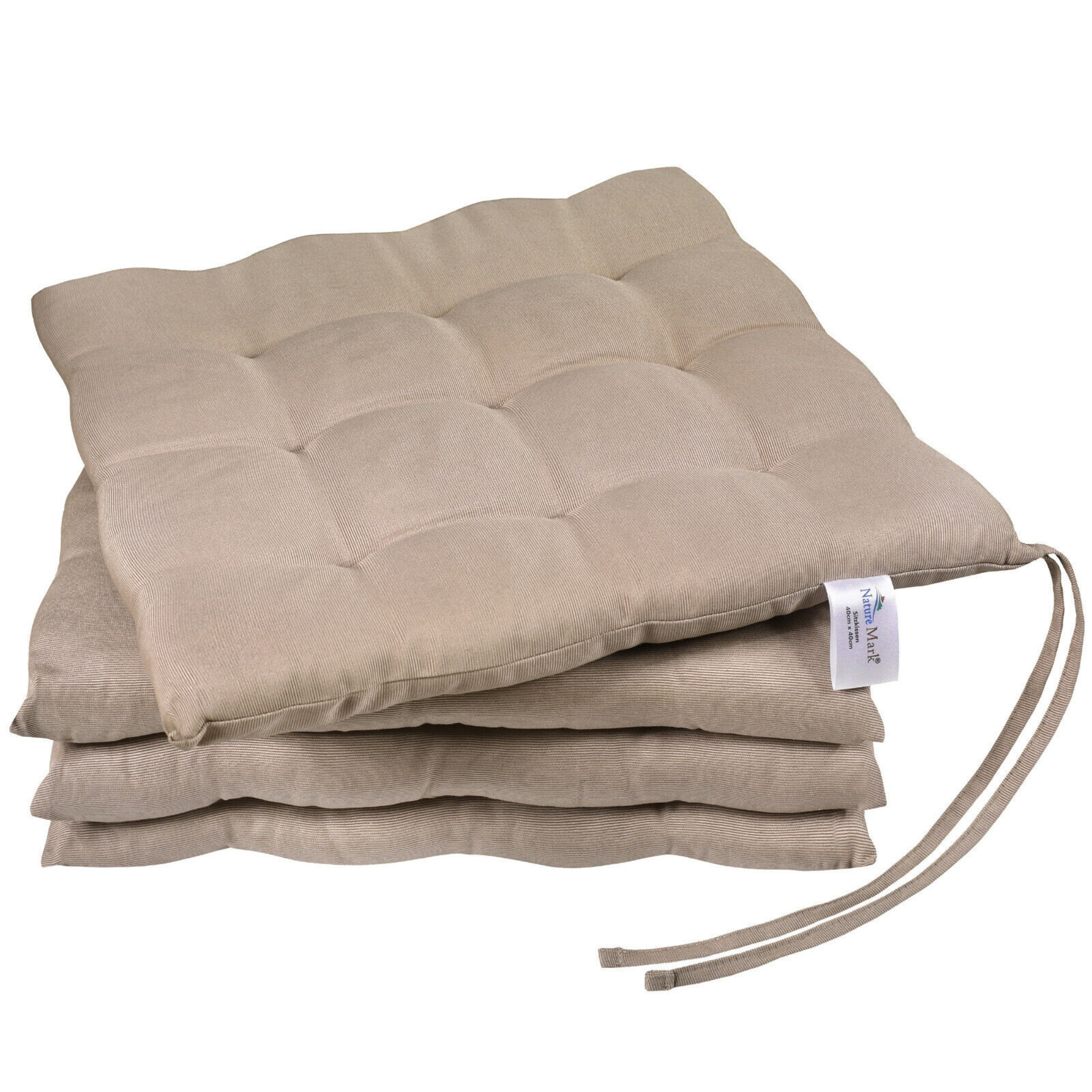 E-shop NatureMark 4er Set Stuhlkissen Sand mit Bändern 40x40 cm Gefüllte Sitzkissen für die Terrase Balkon Sitzpolster für das Esszimmer oder die Küche