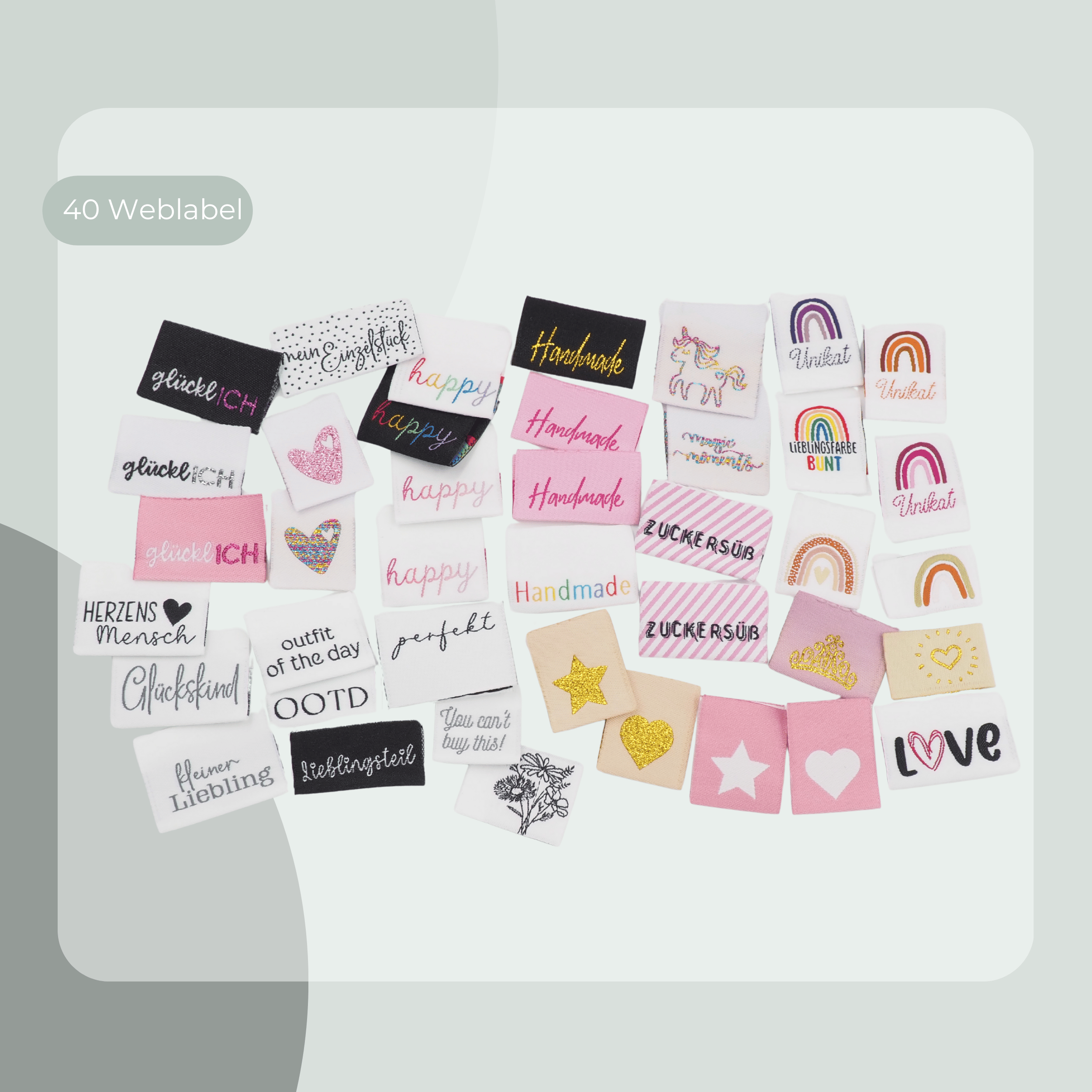 E-shop 40 Weblabels Mädchen – Nählabels zum Annähen mit süßen Motiven & Sprüchen – Wende-Labels, Geschenkidee für kreative Näherinnen, handmade Labels