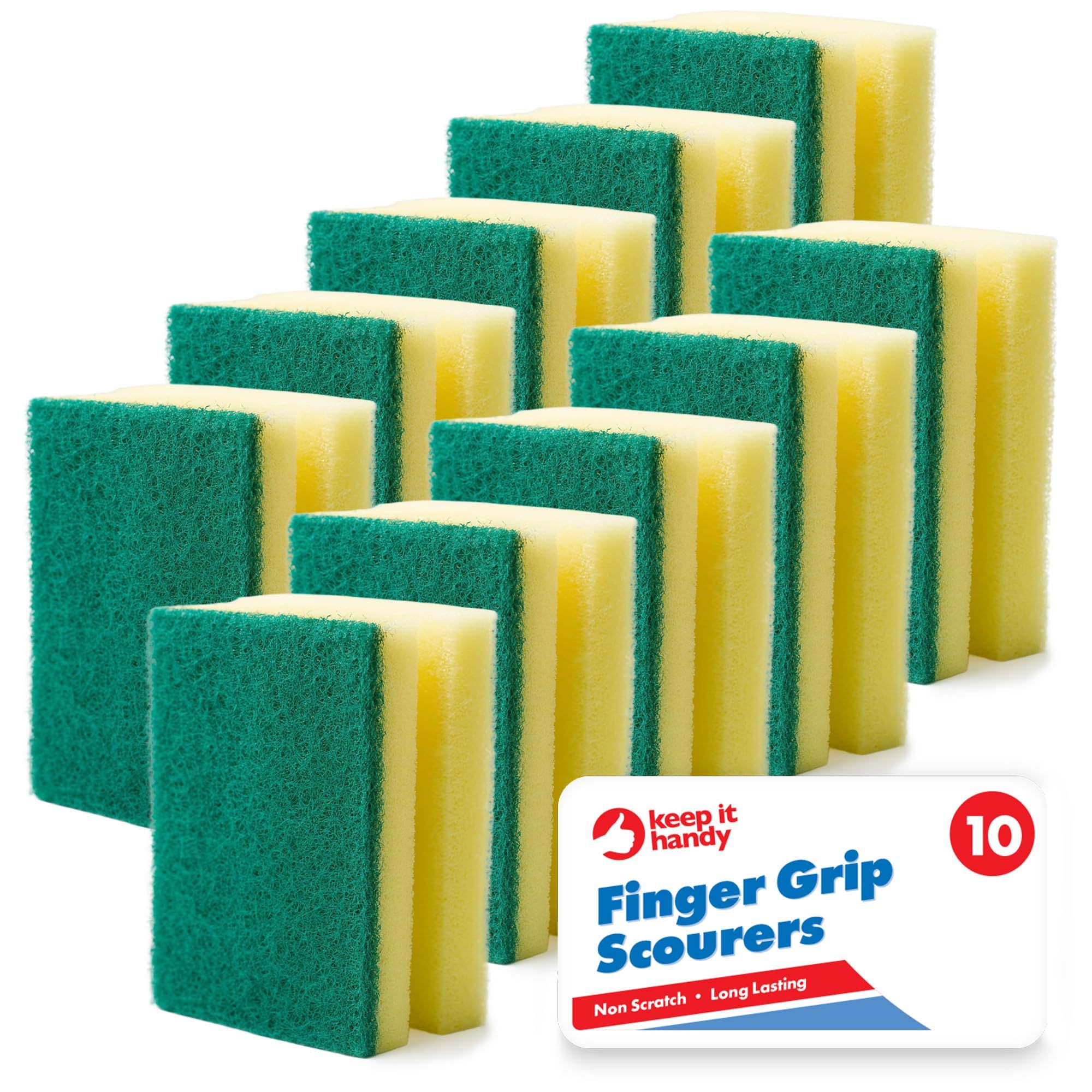 10 pack kitchen scourers with finger grip heavy duty non scratch sponges for washing up durable absorbent dishwashing sponges ergonomic grip cleaning pads for pots pans dishes household  