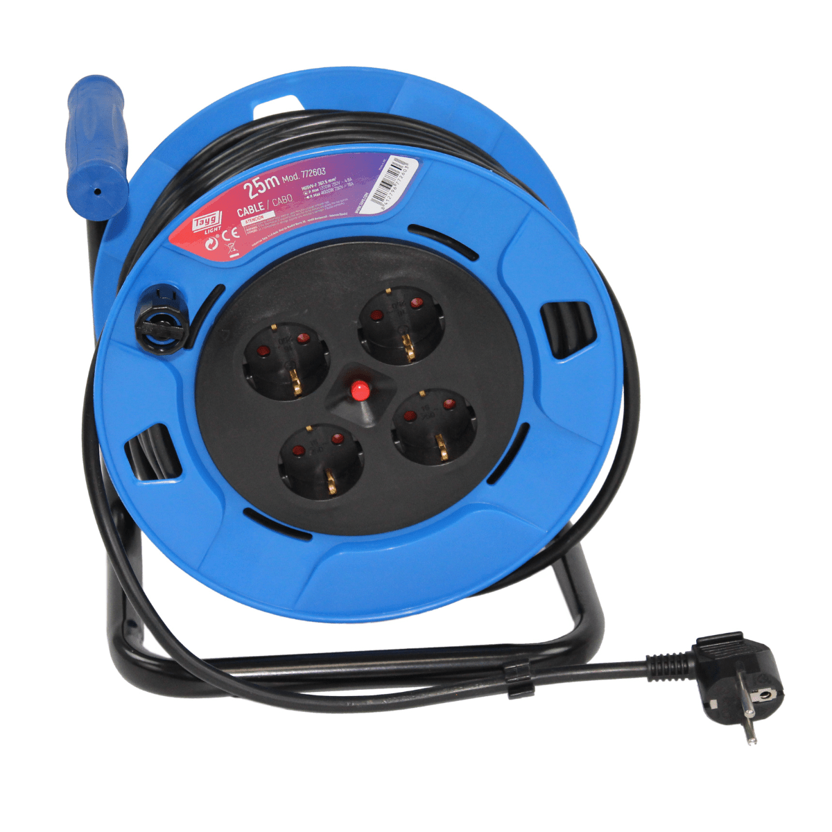Extensible Eléctrico Plástico – Enrollacables Azul/Negro con 4 Enchufes, Uso Interior/Exterior: retailer-supplied image