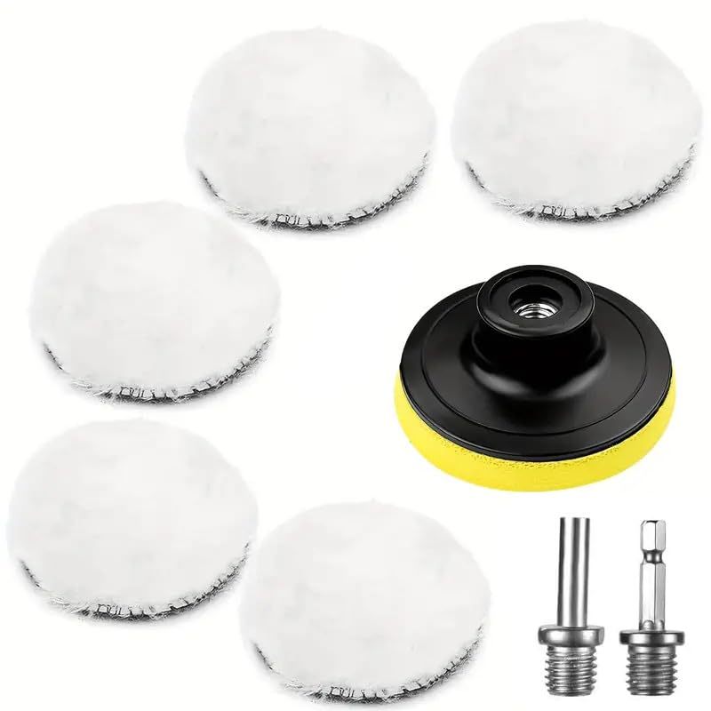 TEMU Set Of 8pcs (5 Wool Pads With Suction Cups And Lead Screws) For Car Sponge Polishing Waxing Buffing Including 3inch 4 Inch 5 Inch 6 Inch Buffing