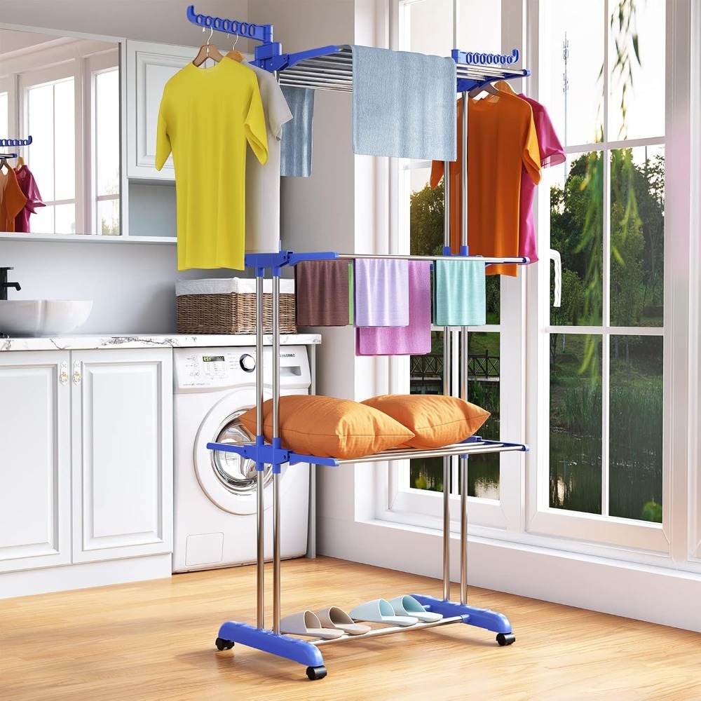Multifunctional 4-tier Foldable Laundry Drying Rack With Wheels, Space- Winged For Indoor And Outdoor Use