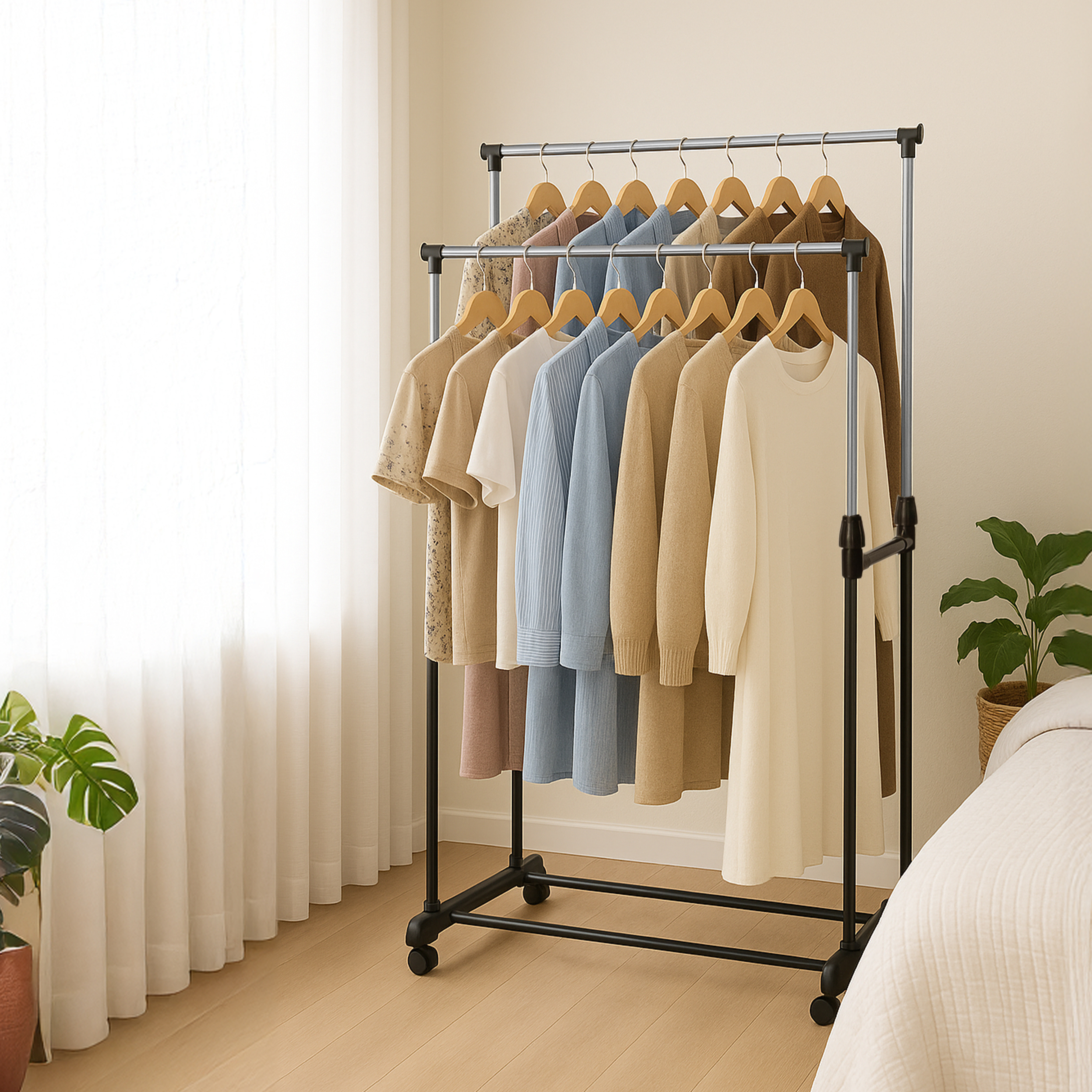 TEMU Heavy-duty Double Clothes Rack On Wheels, With 2 Clothes Rails And Shoe Rack, Height-adjustable 95-155 Cm, Stable And Load-bearing, Mobile
