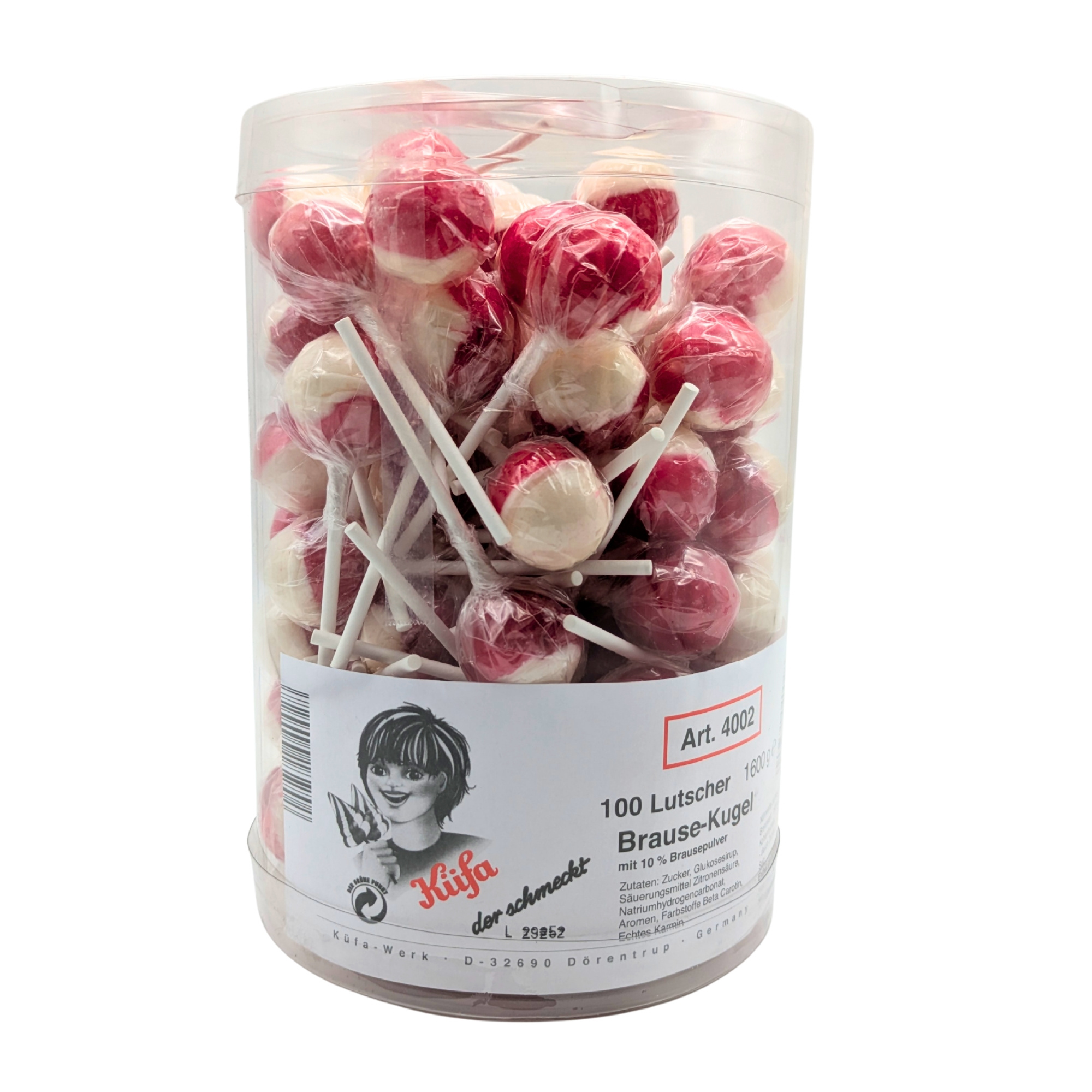 E-shop Küfa Brause Kugel Lolly, 1600g, Kugellolly Brausekugel Lollies 100 Stk Dose für Kinder die Party oder das Büro Süßigkeiten