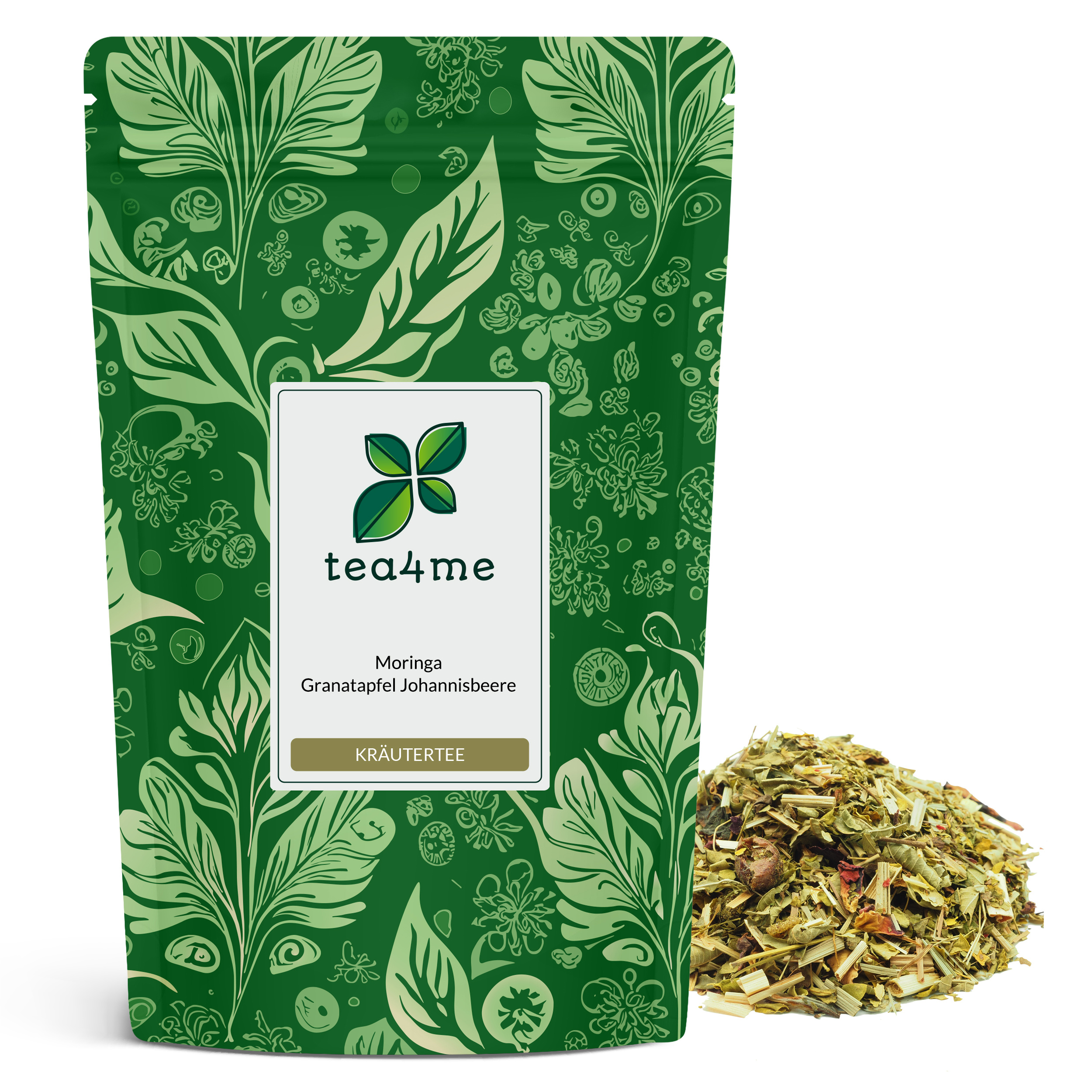 E-shop tea4me Moringa Granatapfel Johannisbeere | 75g Tee | Aromatische, johannisbeeren-granatapfelduftige Kräutertasse