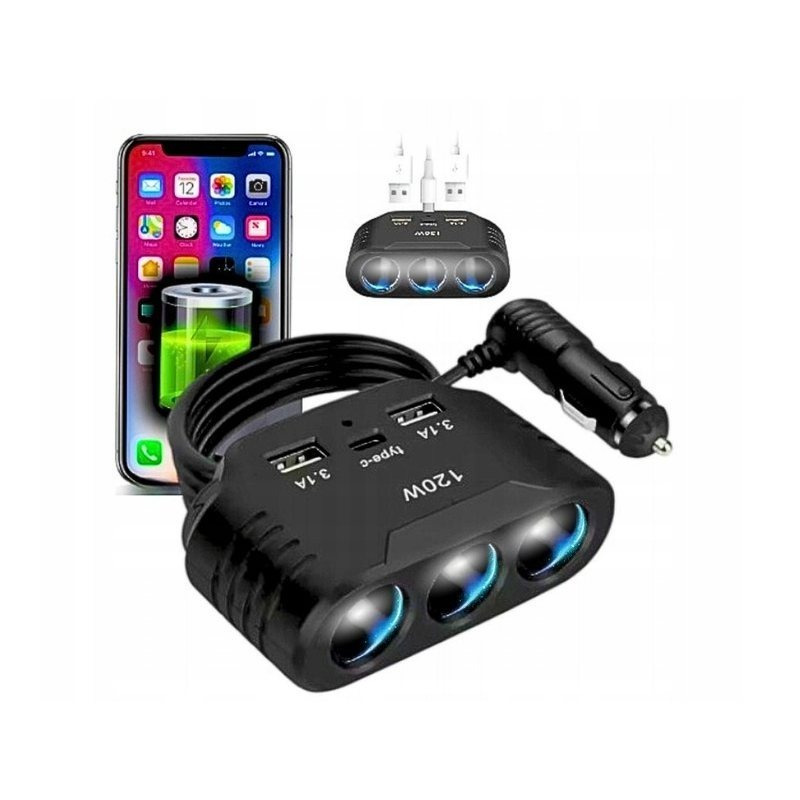 TEMU ROZDZIELACZ GNIAZDA ZAPALNICZKI 3X ŁADOWARKA SAMOCHODOWA USB-C USB QC 120W