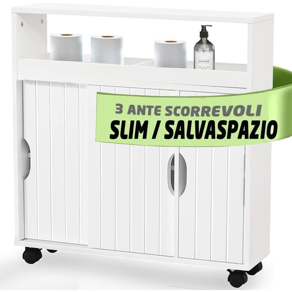 TEMU Shally Dogan Carrello Slim da Bagno con 4 Ruote Girevoli a 360簞, Carrellino Stretto con Ante Scorrevoli e Ripiani in Legno , Armadietto