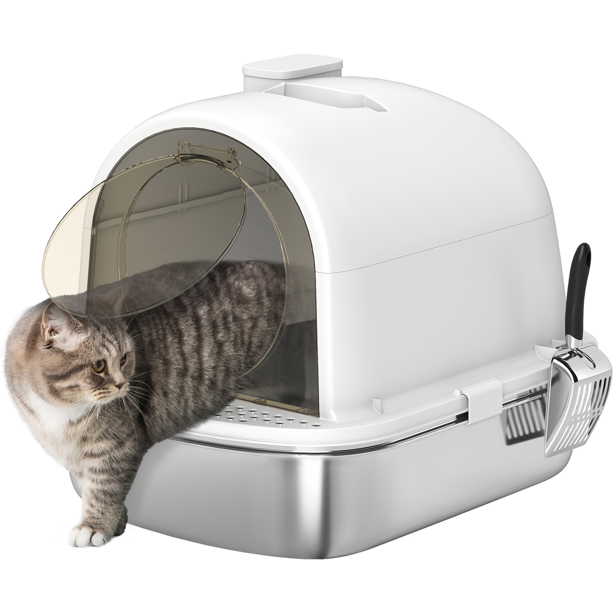 TEMU PawHut Maison de toilette pour chat, bac à litière fermé, bac en acier inoxydable, , nettoyage facile, sac désodorisant , charge 5 kg, 52,4 x