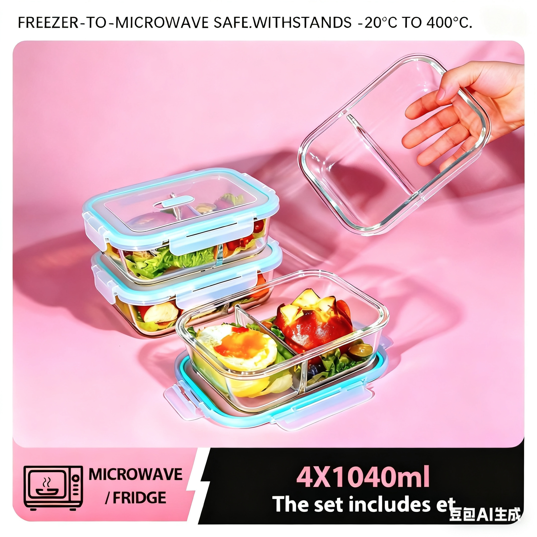E-shop SAEIV Meal Box – 4 x 1040 ml Glasbehälter mit Deckel und zwei Fächern zur Aufbewahrung von Lebensmitteln, Aufbewahrungsbehälter aus
