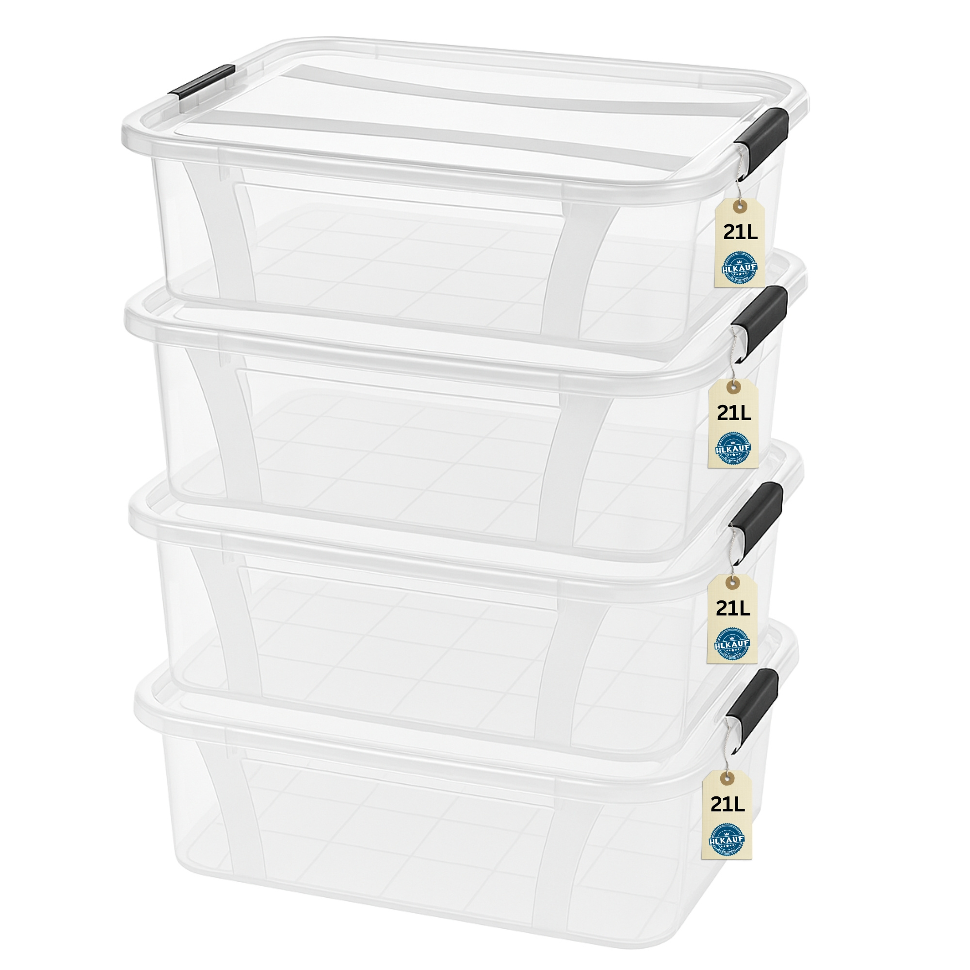 Image of 4-piece Set Of Storage Boxes With Lids, 21-liter Capacity, Plastic Stackable Containers, Food-safe, Transparent, For Home, Office, Or Kids' Room