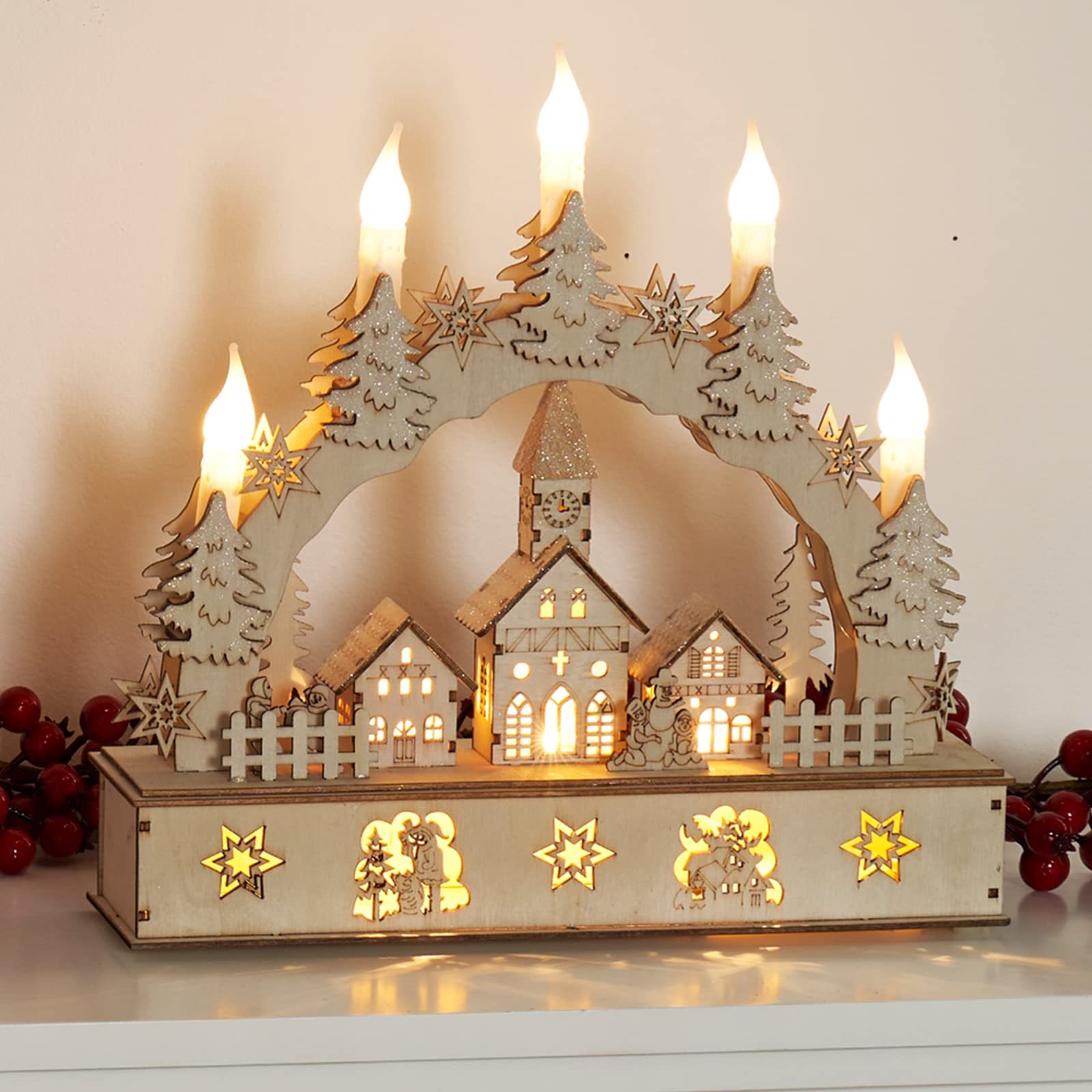 TEMU Globrite Wooden 5 Illuminated Candle Bridge / Warm White Candles / Indoor Christmas Decoration / Battery Operated / 32cm X 30cm X 10cm