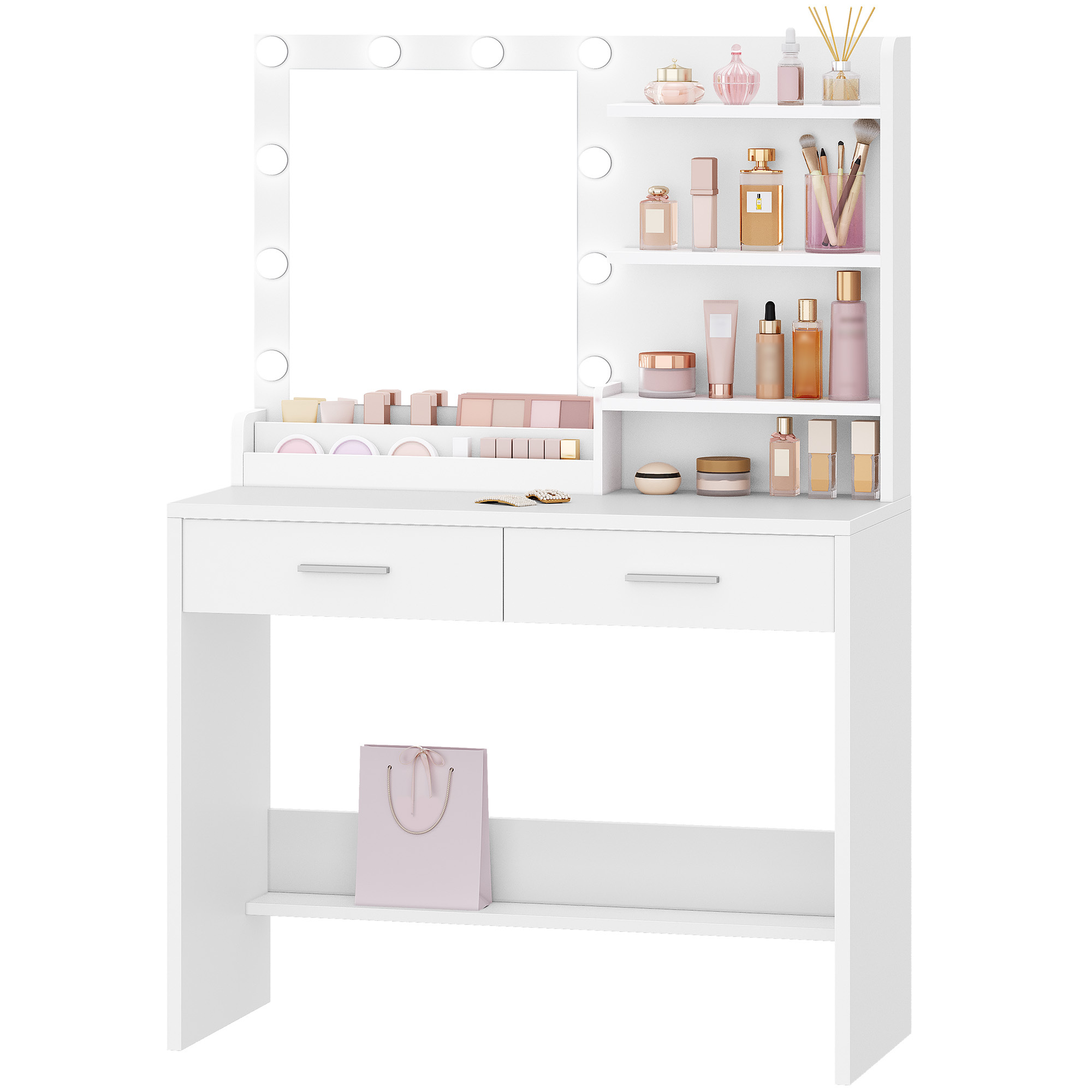 TEMU 90 cm Tocador con Espejo, tocador de Maquillaje con luz, 3 Ajustable, tocadores con 2 cajones, 4 estantes Abiertos y 2 Compartimentos, Moderno,