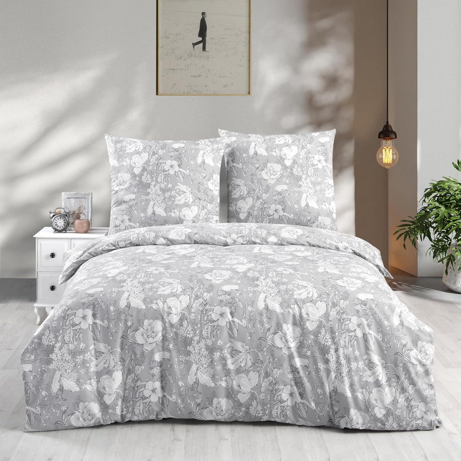 2pcs To 3pcs Bed Linen, , Gray Bedspread With White Floral Pattern Bed Sheet Set.