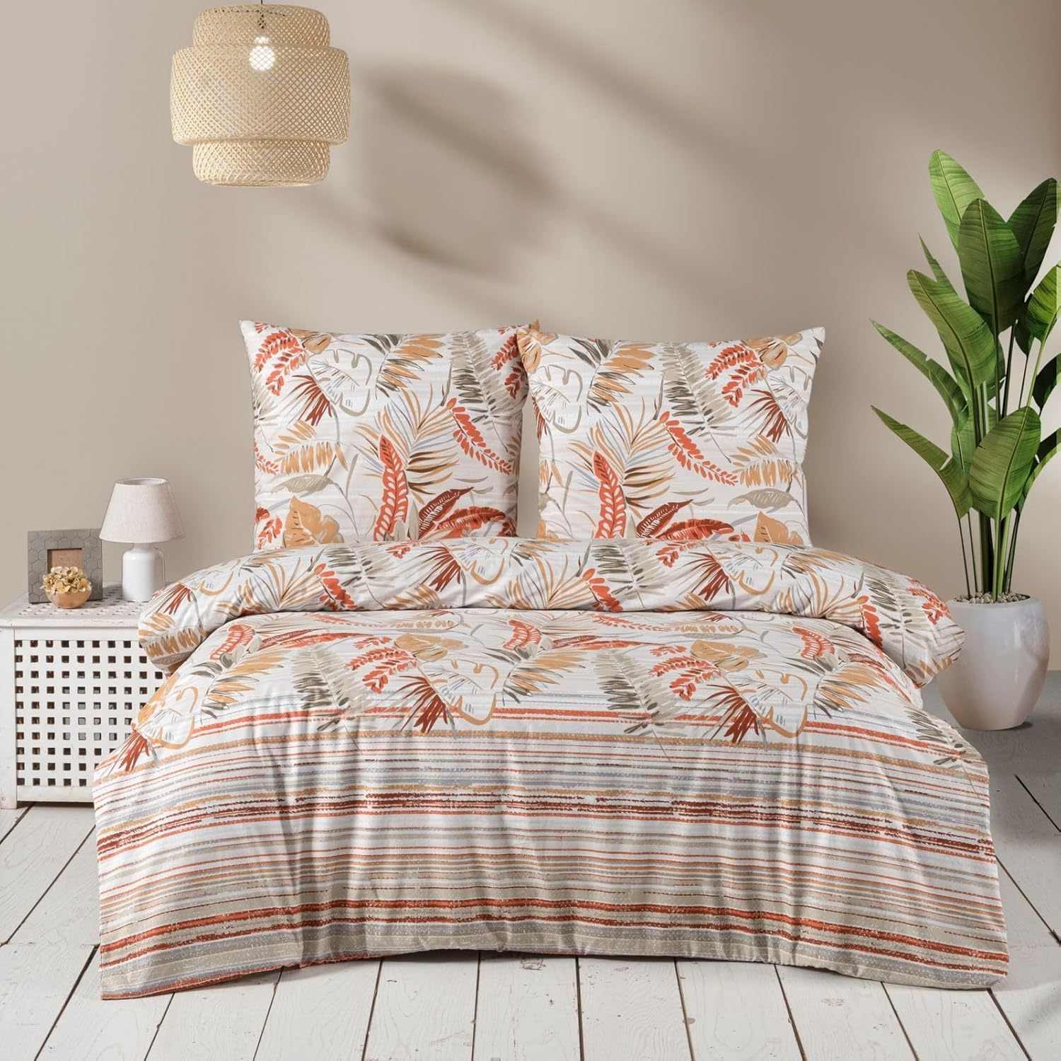 Beige 2pcs To 3pcsbed Sheet Set, Warm And Cozy Pillowcase,bedspread With Exotic Leaf And Stripe Pattern In Orange, Brown, And Olive.