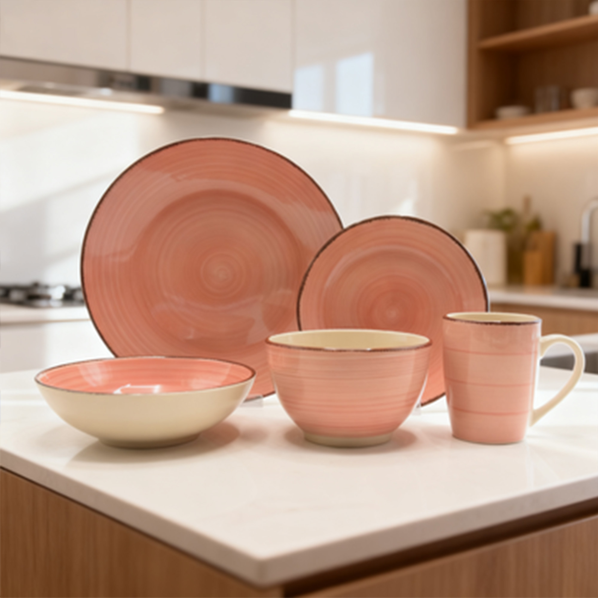 TEMU Family - Juego de Vajilla de 5 Piezas – 2 Platos y 2 Cuencos de Cerámica Rosa con Taza Mug 360 ml – Diseño Moderno, Elegante y Resistente para