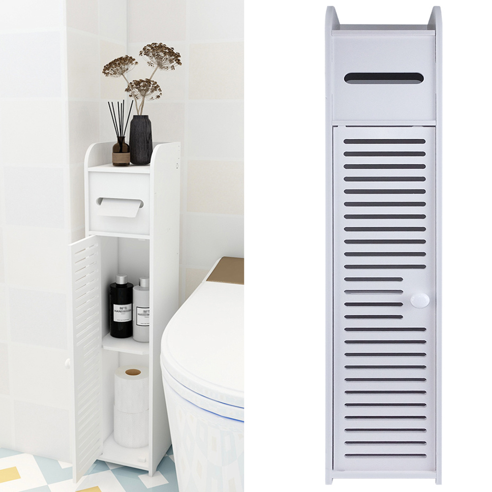 badezimmerschrank mit toilettenpapierhalter, l16cm x w17cm x h81cm weiße aufbewahrungsschrank freistehend, hochschrank für badezimmer mit 2 innerlich fächer, einzelne tür   stehender schrank