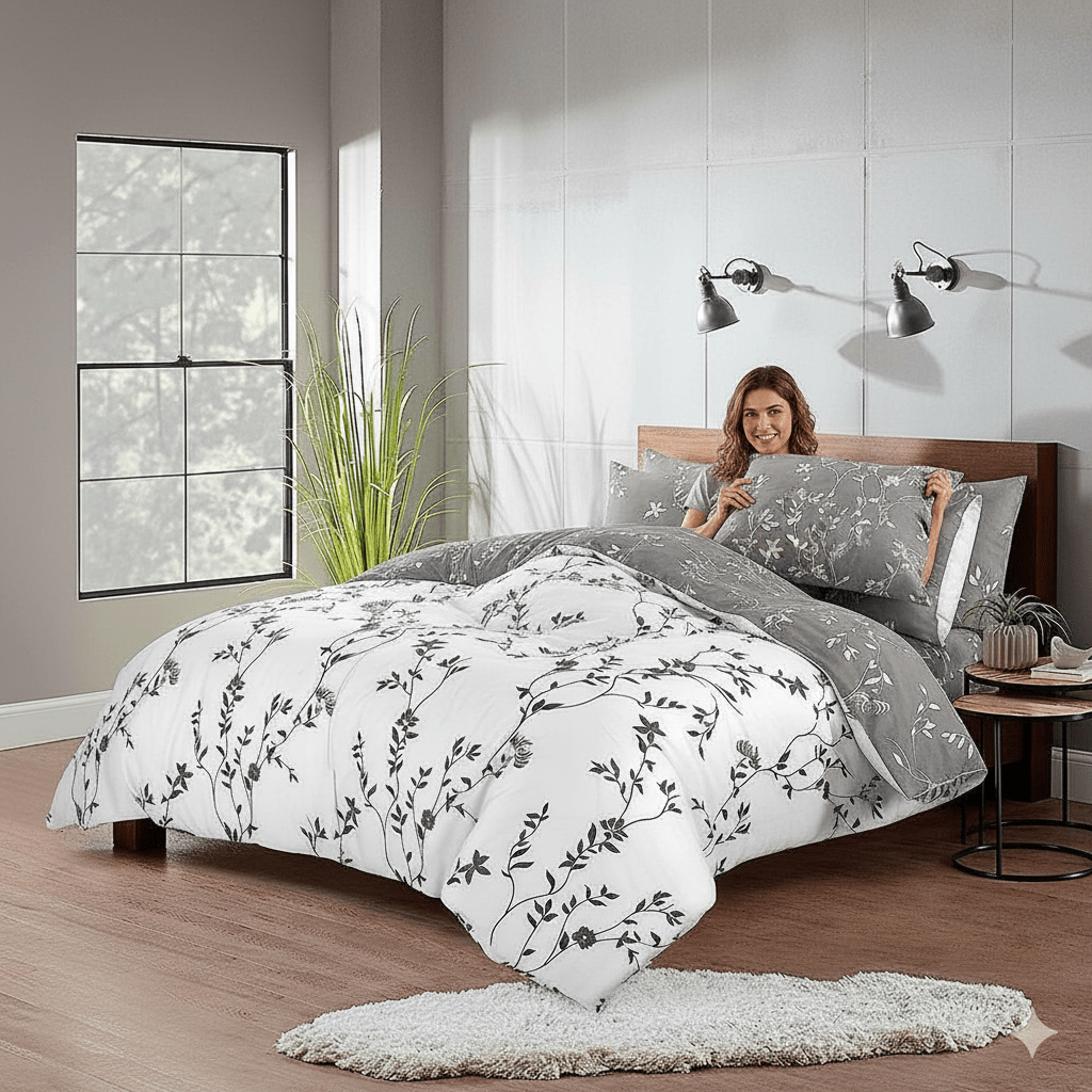 TEMU 3pcs Floral Duvet Cover Set - Premium Duvet Cover With Pillow Cases Super Bedding Sets Breathable Reversible Grey Quilt Covers, Machine Washable