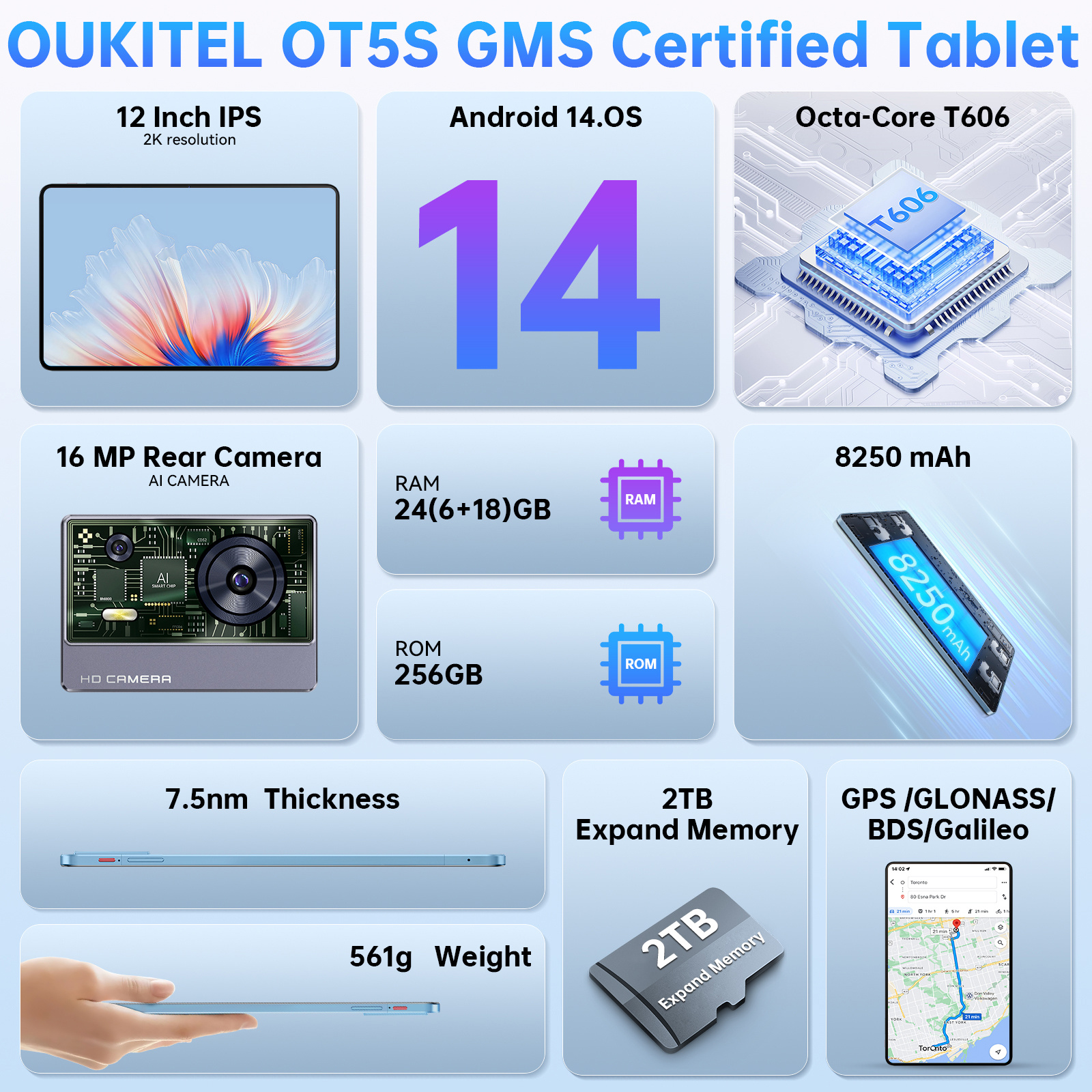 2025 OUKITEL OT5S 12-Inch Android 14 Gaming Tablet, 24GB RAM + 256GB ROM (Expandable to 2TB), 8250mAh/18W Battery, 2.4K 90Hz Display, T606 Octa-Core Processor, 8-Core GPU, Quad Speakers, Dual SIM (Keyboard Not Included)